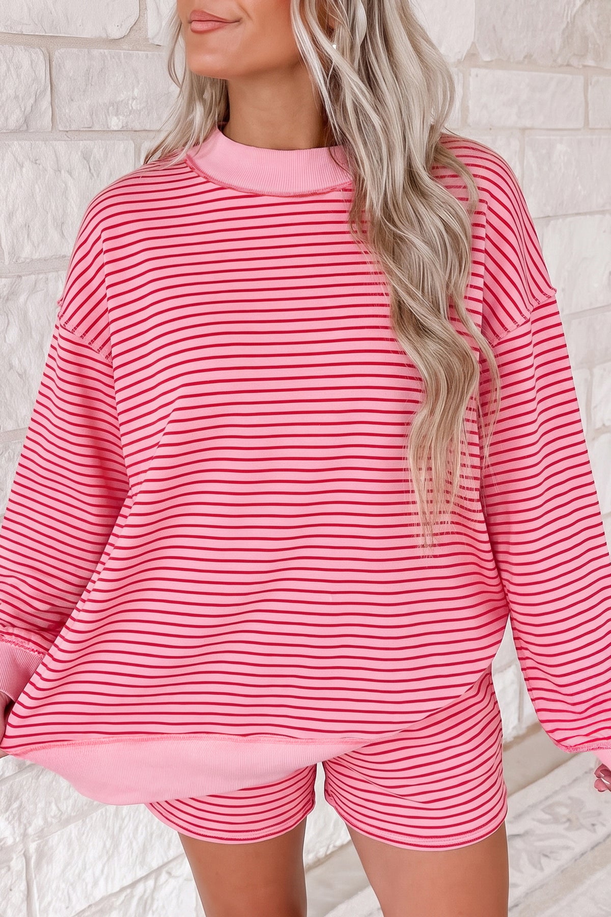 Women's Pink Stripe Ribbed Patchwork Mock Neck Baggy Pullover Matching Shorts Set