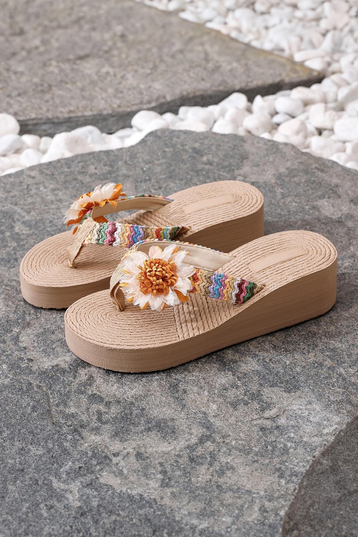 Parchment Vacation Floral Decor Straw Woven Textured Wedge Platform Sandals
