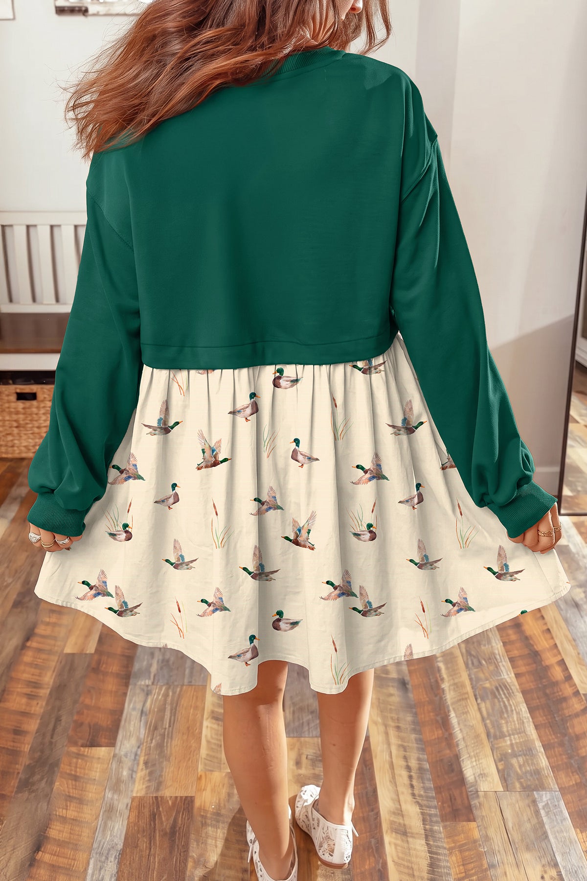 Green Mallard Print Patchwork Flared Mini Dress