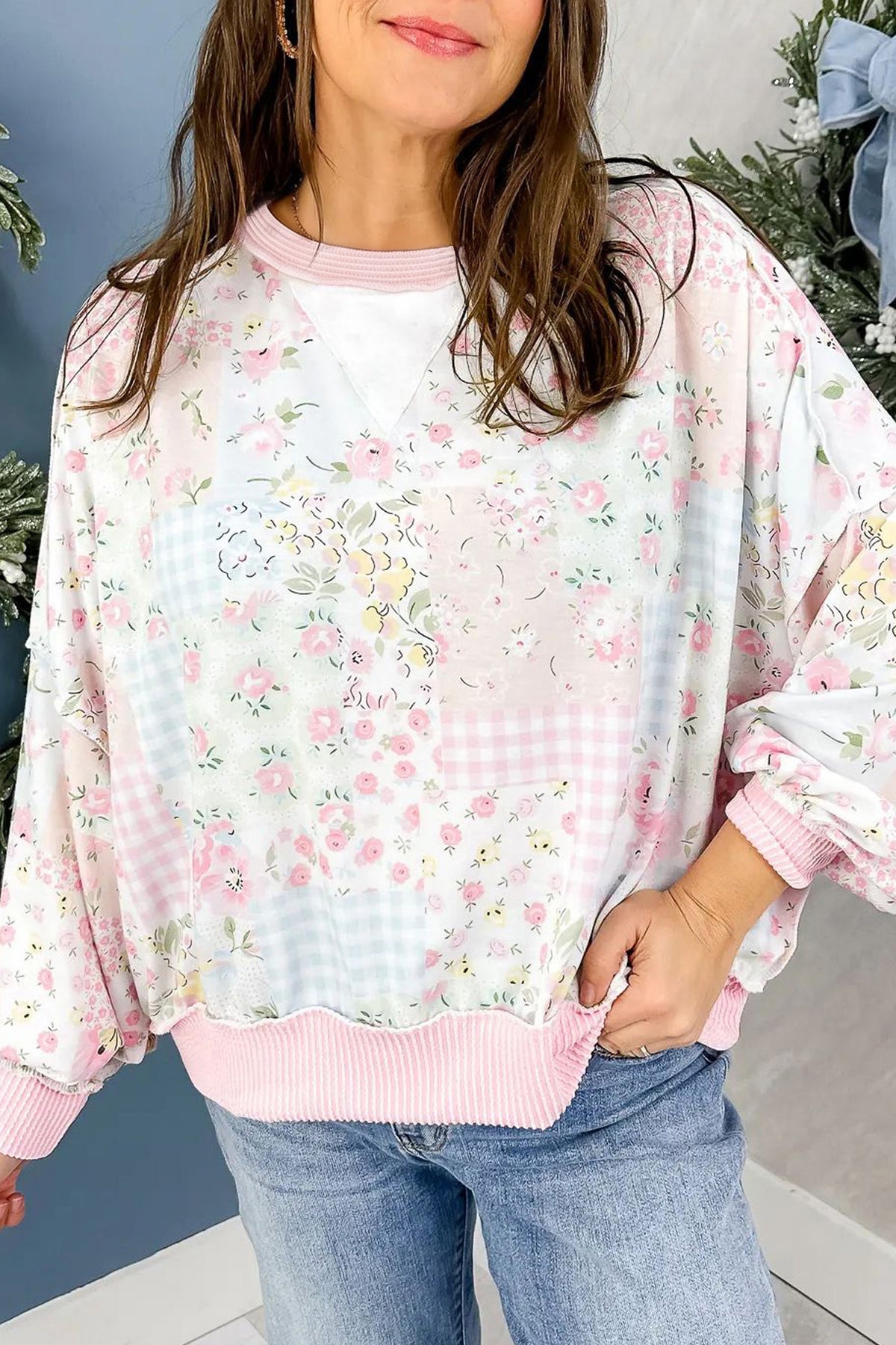 Pink Twisted Ribbed Trim Floral Print Patchwork Top