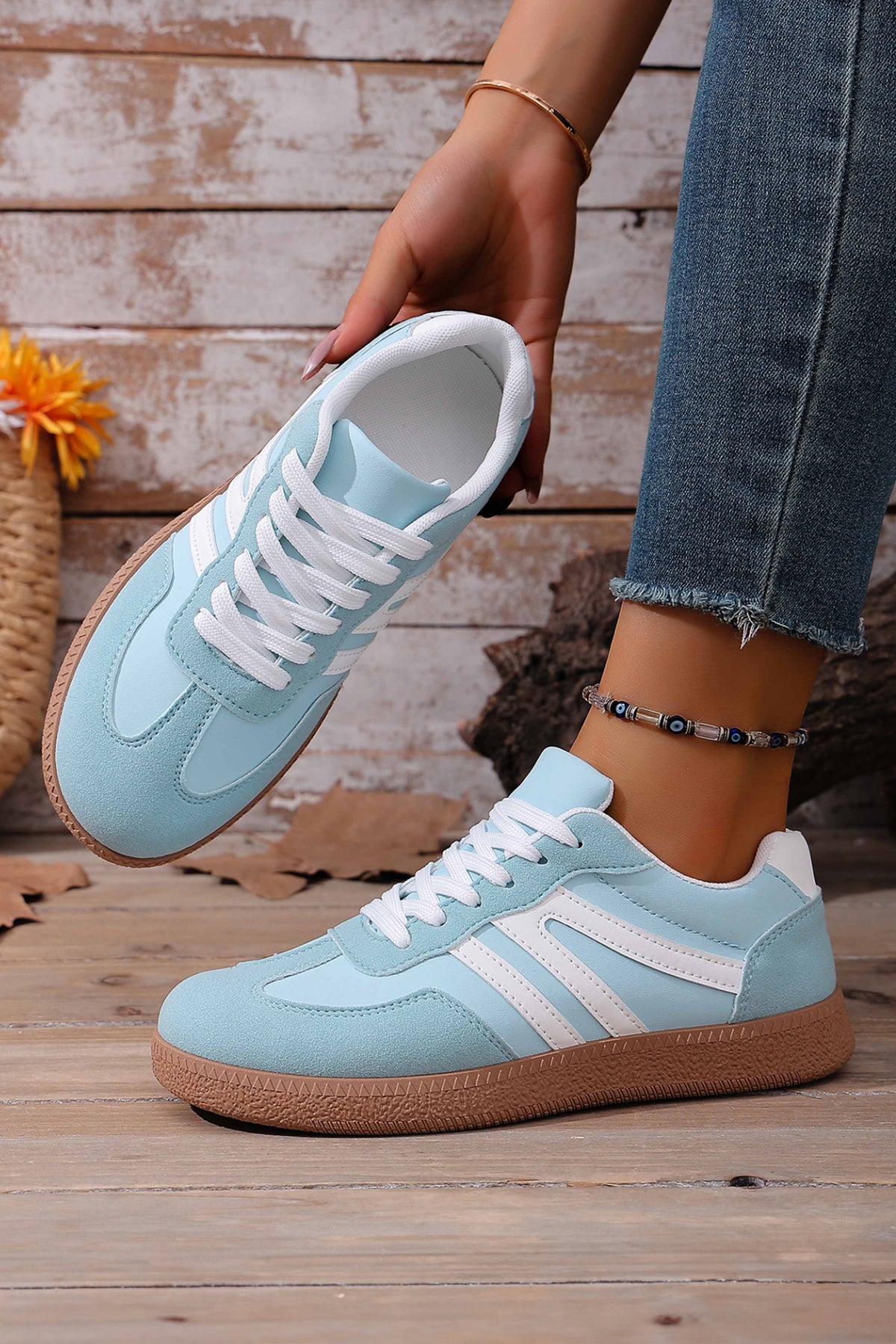 Dusk Blue Faux Suede PU Leather Color Block Patchwork Lace-up Sneakers