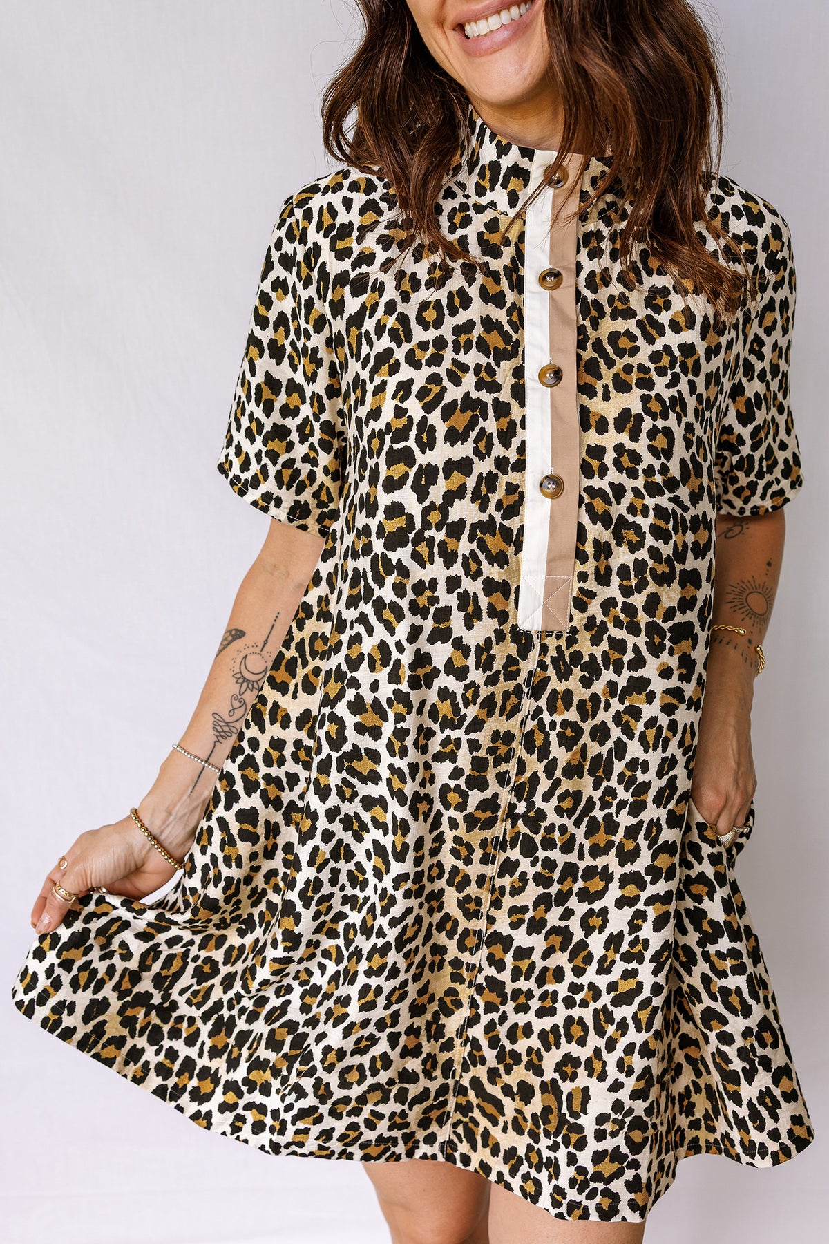 Multicolour Half Buttons Short Sleeve Leopard Mini Dress with Pockets