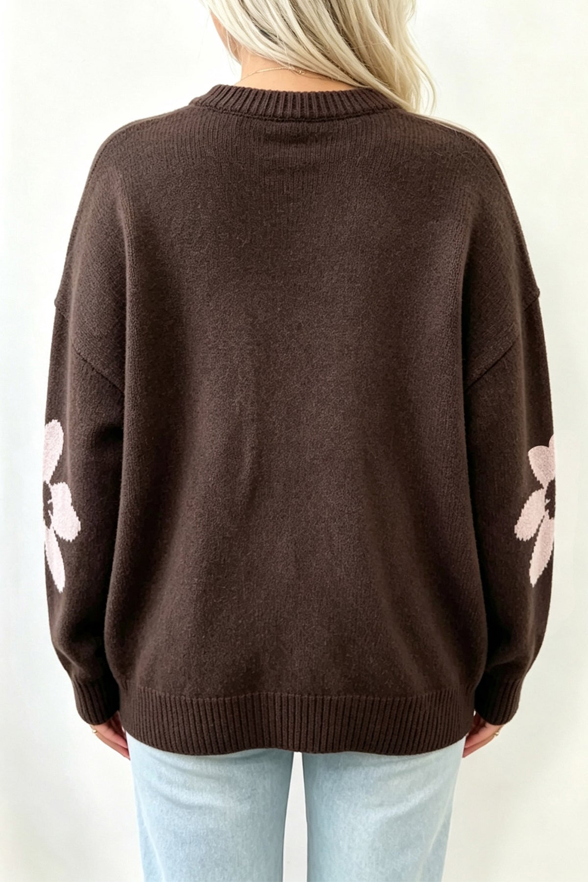 Chicory Coffee Cozy Floral Print Round Neck Dropped Shoulder Sweater