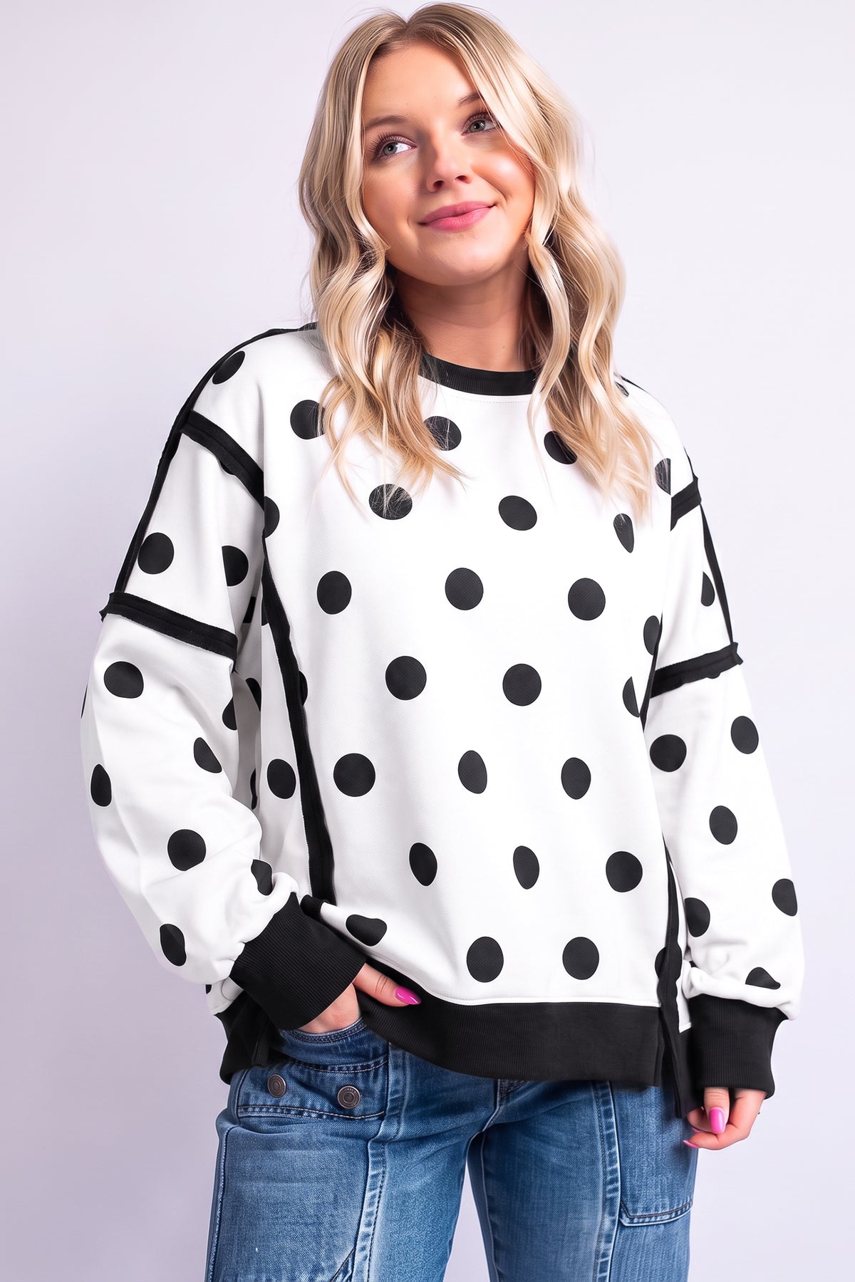 White Polka Dot Contrast Patchwork Round Neck Sweatshirt