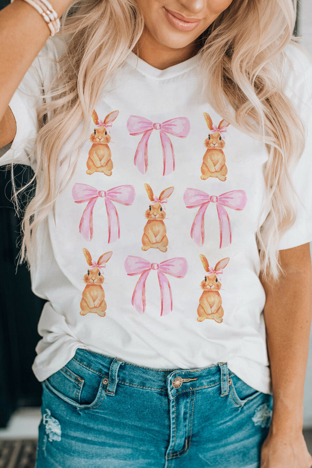 White Rabbit Bow Knot Print Crew Neck T-Shirt