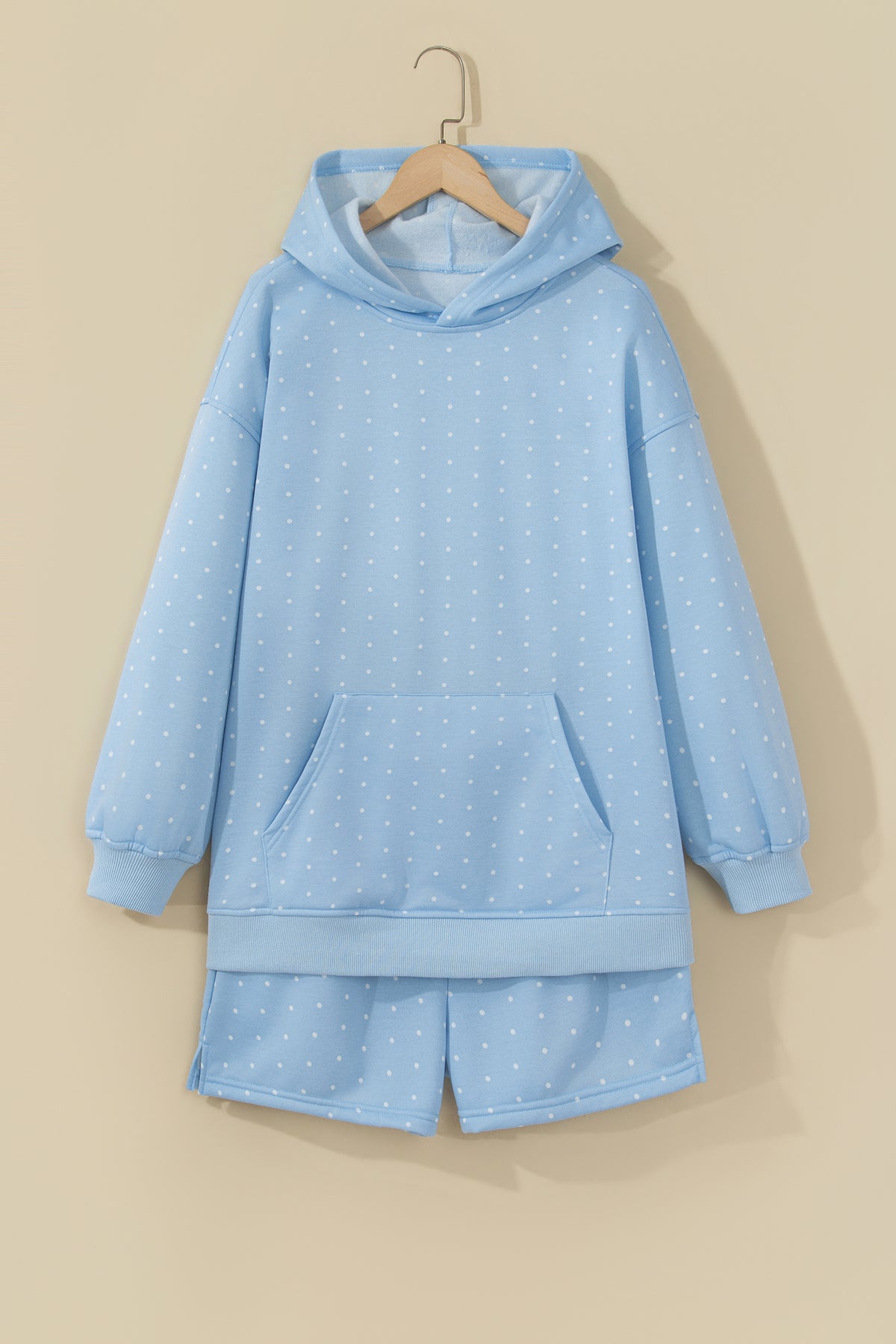Pink Polka Dot Printed Oversized Hoodie Casual Shorts Set