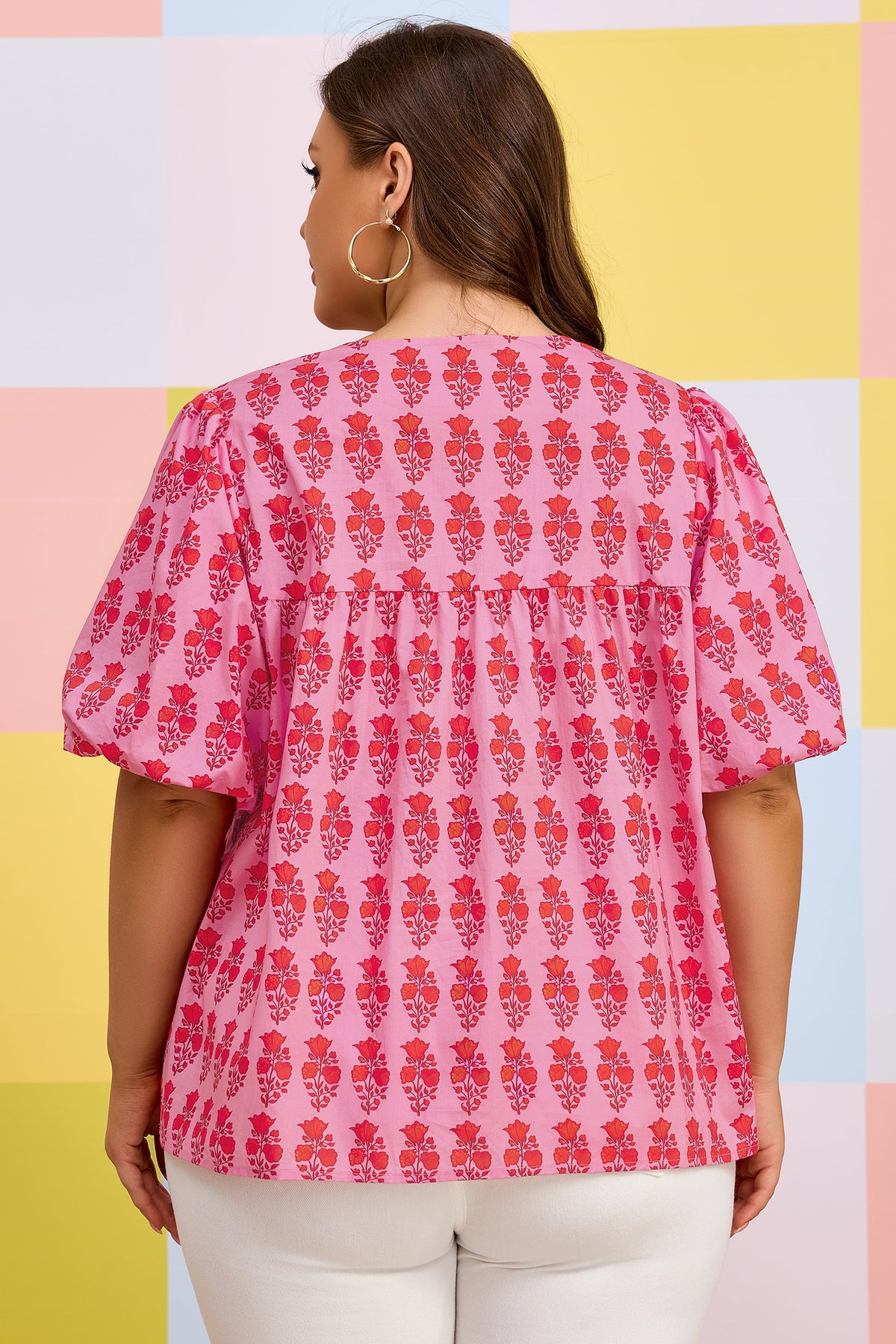 Pink Plus Size Floral Print Tassel Tie Puff-Sleeve Cotton Blouse