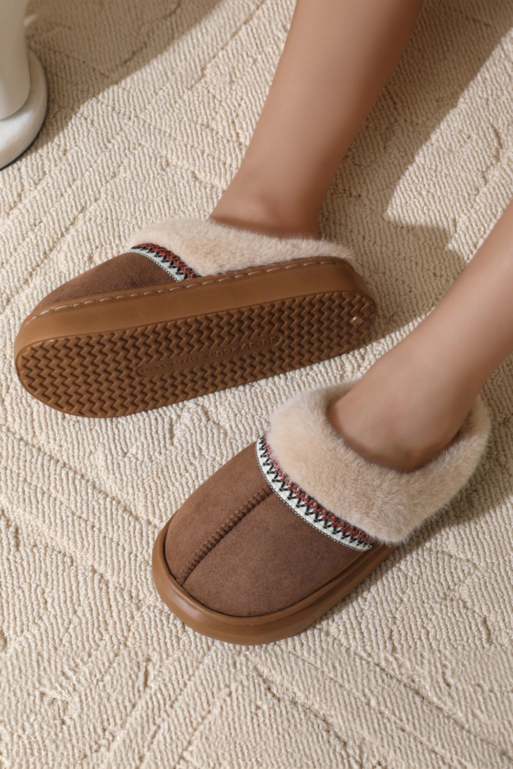 Coffee Western Woven Faux Suede Furry Home Slippers