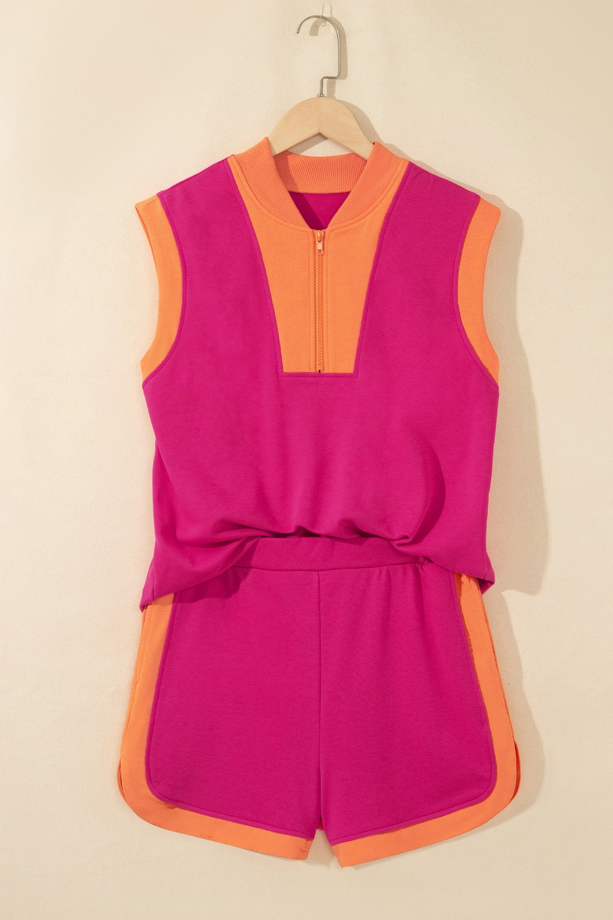 Women's Pitaya Pink Color Block Accent Half Zip Top Athleisure Shorts Set