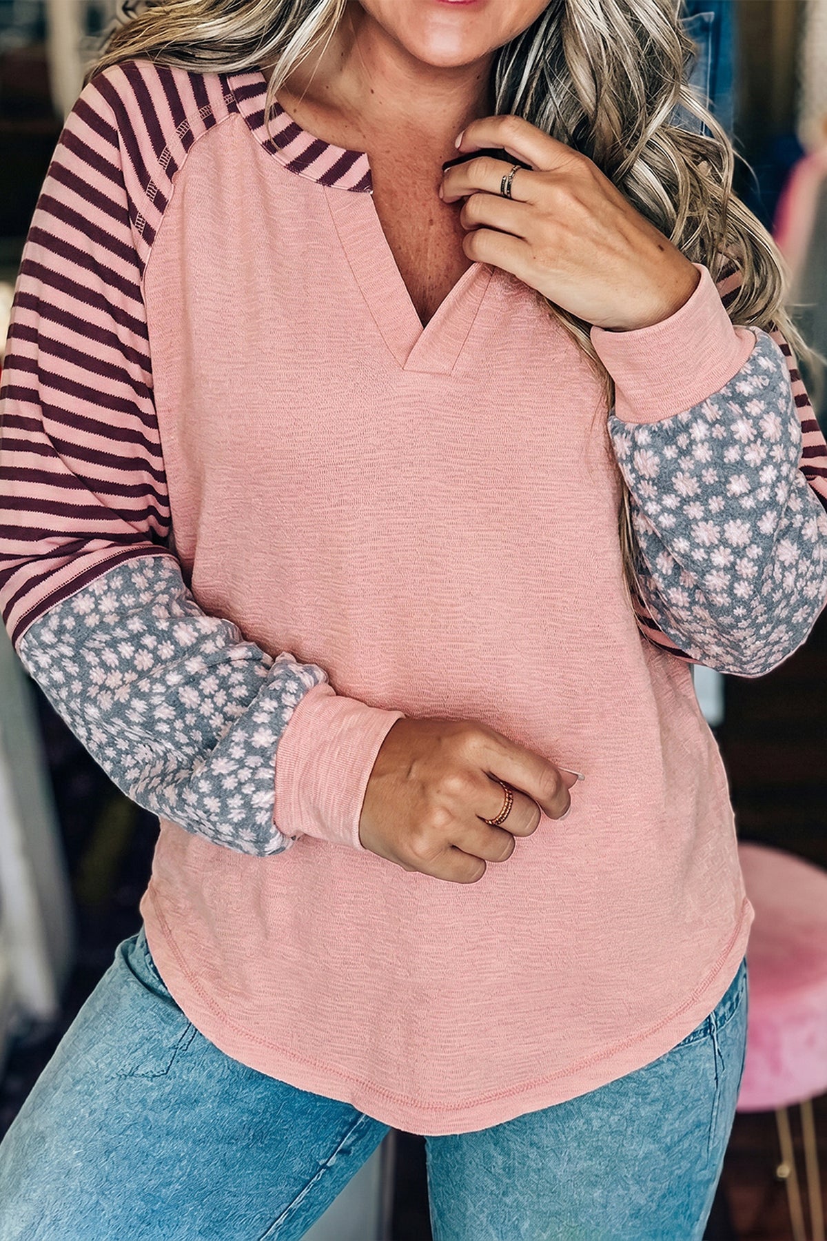 Light Pink V Neck Colorblock Patchwork Striped Floral Top