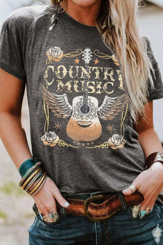 Gray COUNTRY MUSIC Guitar Graphic Print Crew Neck T-Shirt