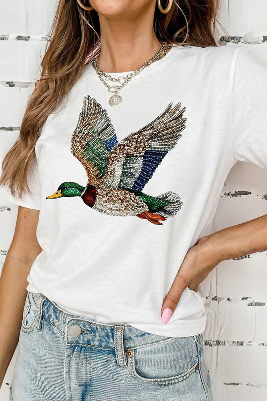 White Flying Mallard Print Crew Neck T-Shirt