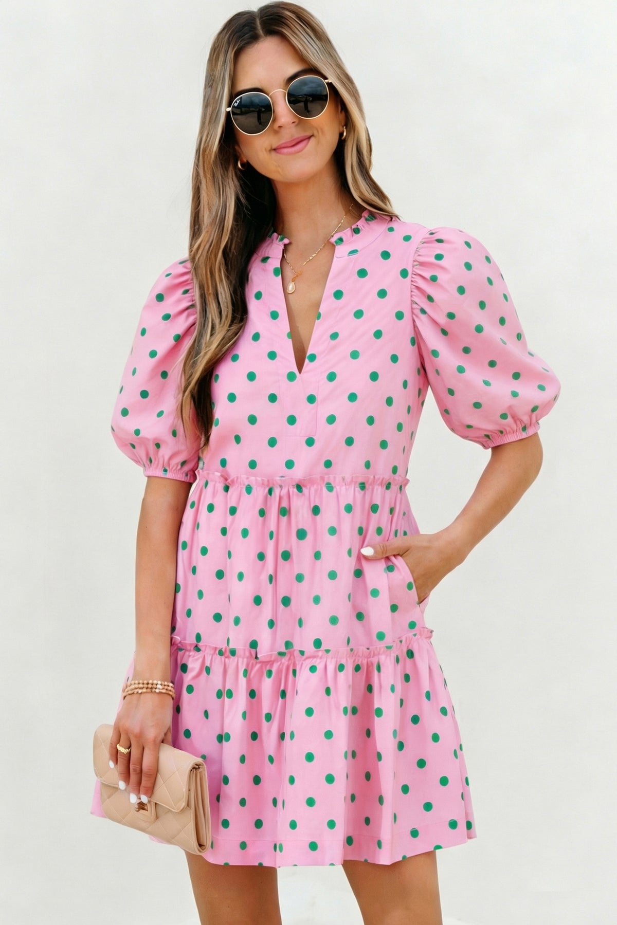 Pink Polka Dot V-Neck Mini Dress