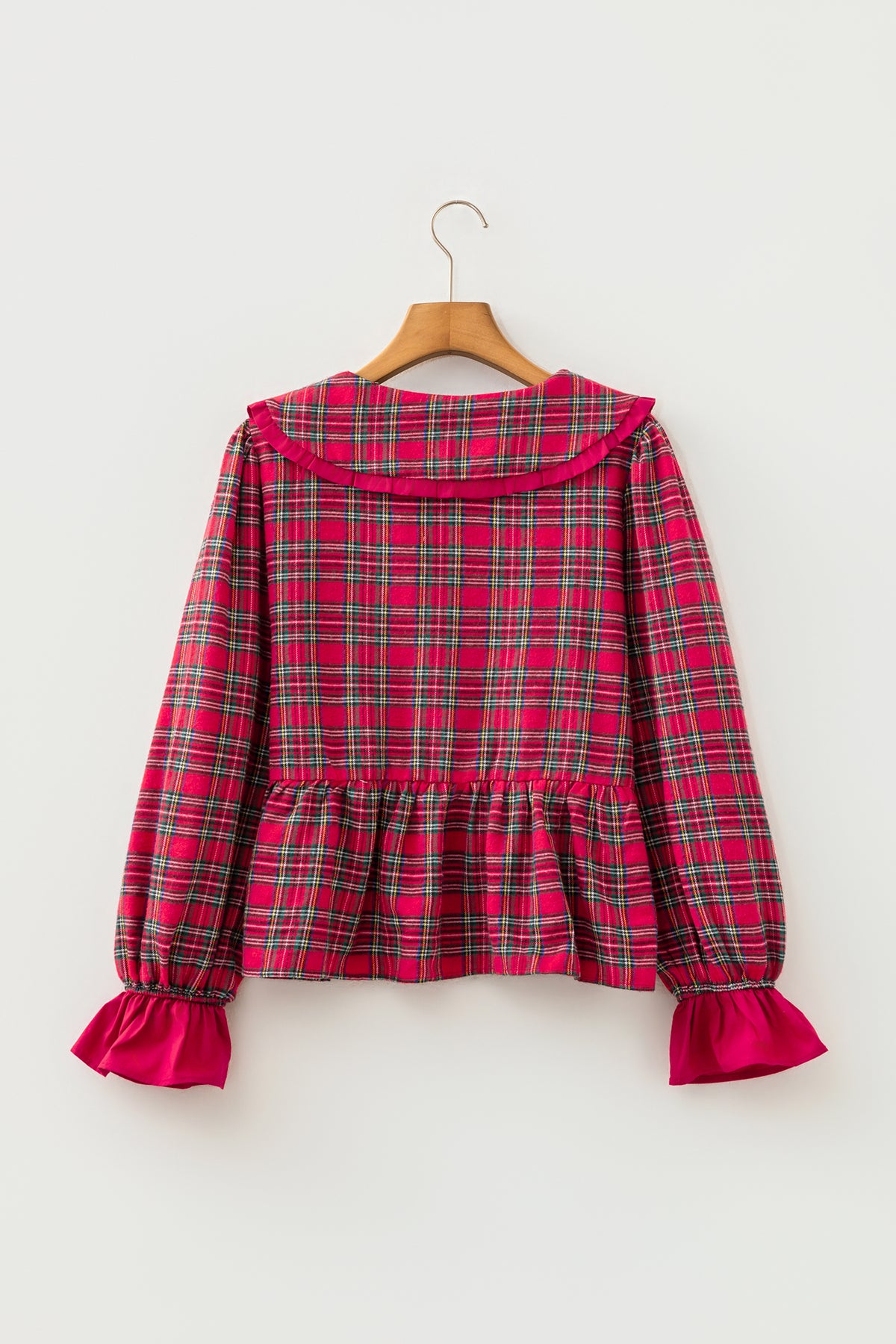 Red Plaid Tie Neck Ruffle Cuffs Shift Blouse