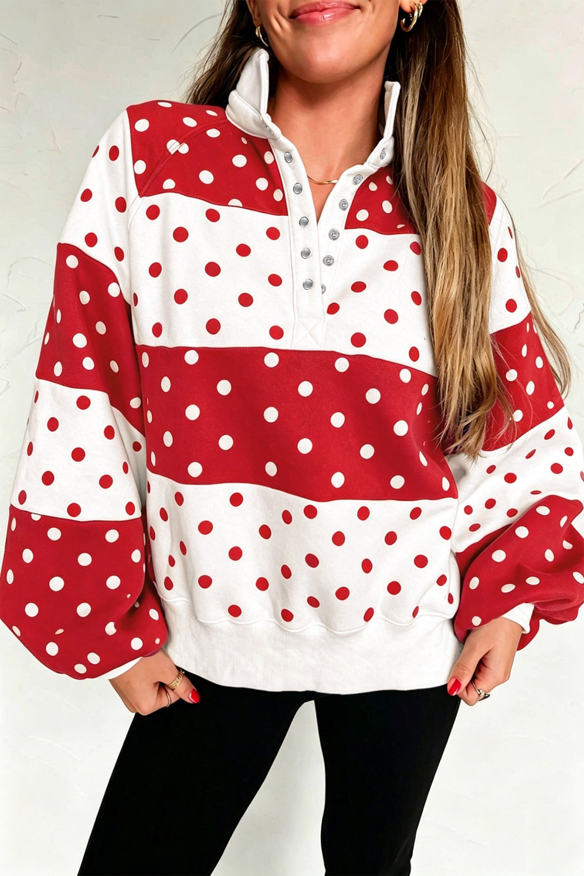 Blue Polka Dot Color Block Half Zip Puff Sleeve Sweatshirt