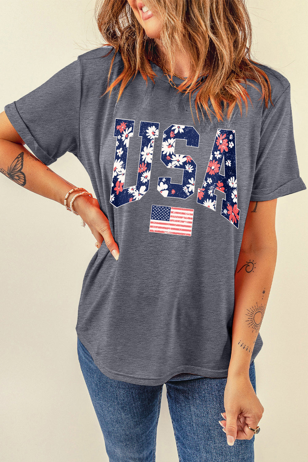 Gray Blooming USA Flag Print Casual T-Shirt