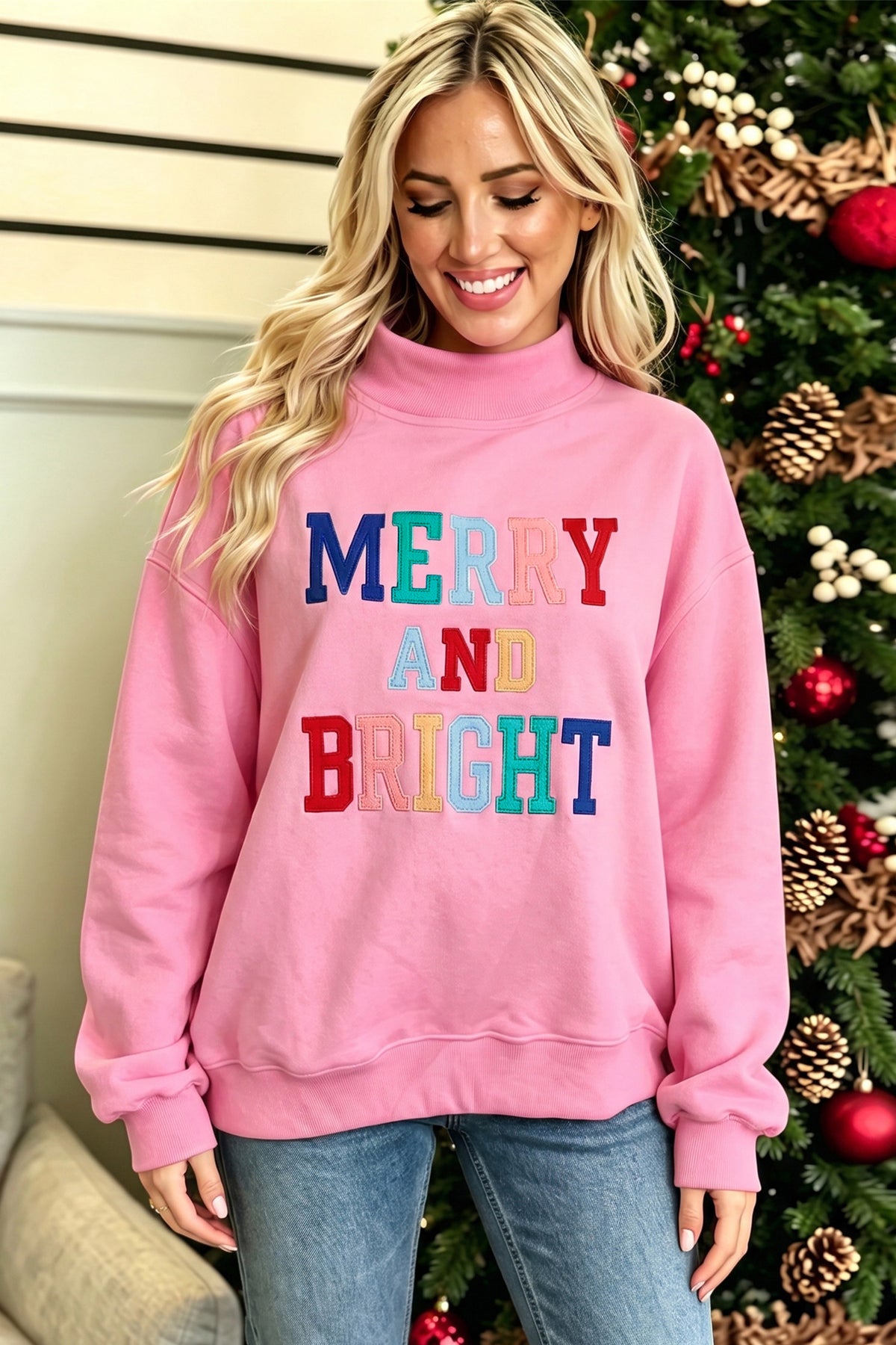 Peach Blossom MERRY AND BRIGHT Stitched Sweatshirt