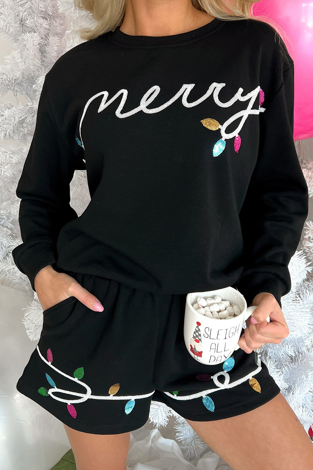 Women's Black Sequin Merry Graphic Pullover and Shorts Outfit Set