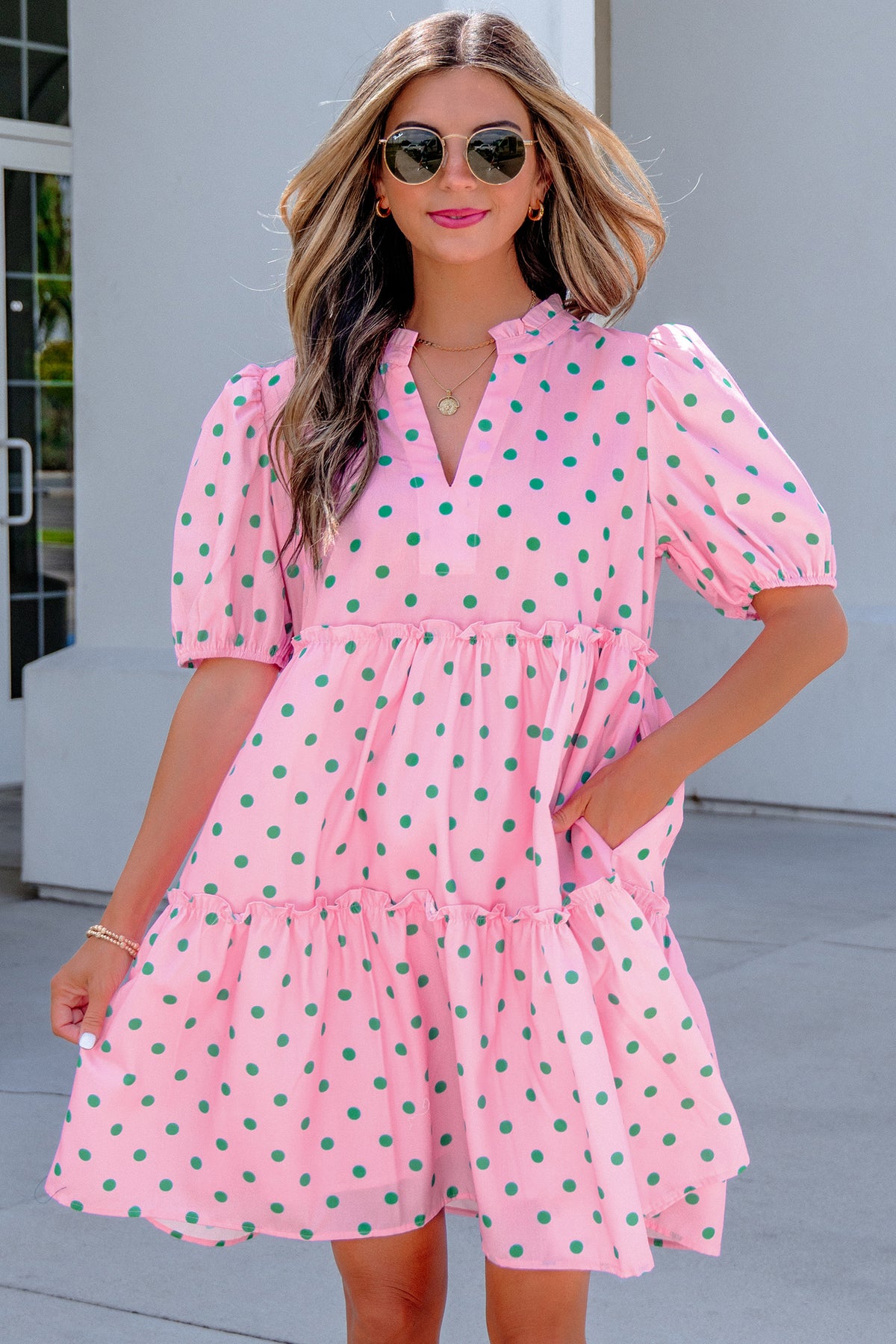 Pink Polka Dot V-Neck Mini Dress