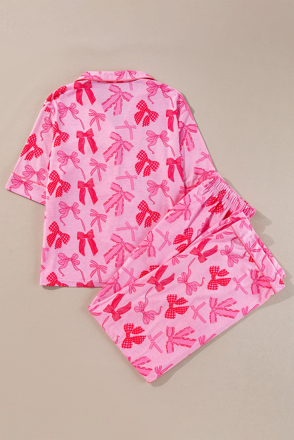 Pink Bow Print Lapel Collar Short Sleeve and Pants Pajama Set
