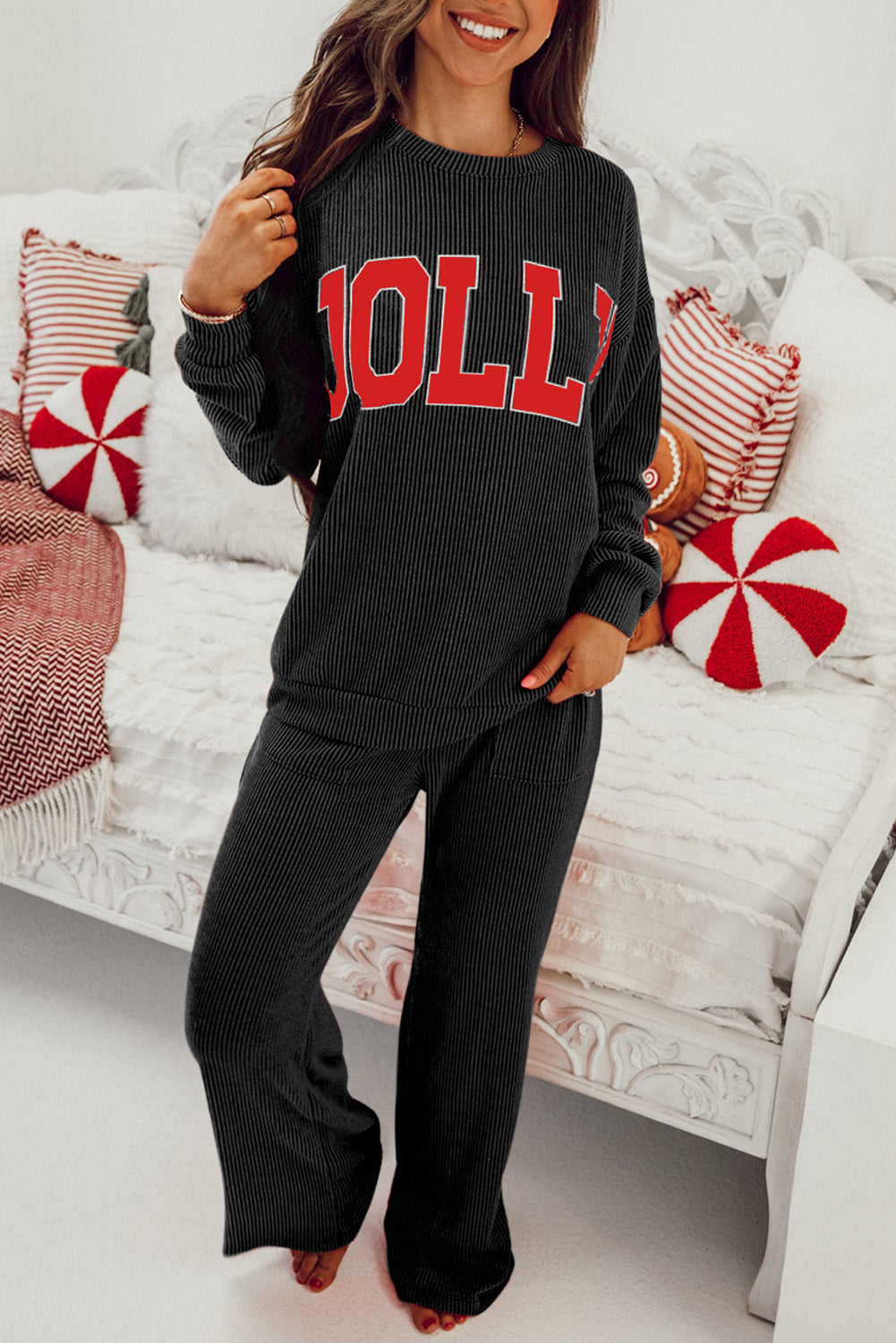 Women's Dark Green MERRY Corded Long-Sleeve Top & Pockets Pants Set