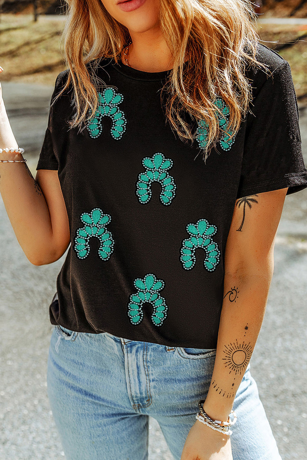 Black Western Turquoise Pattern Sequin Patched T-Shirt