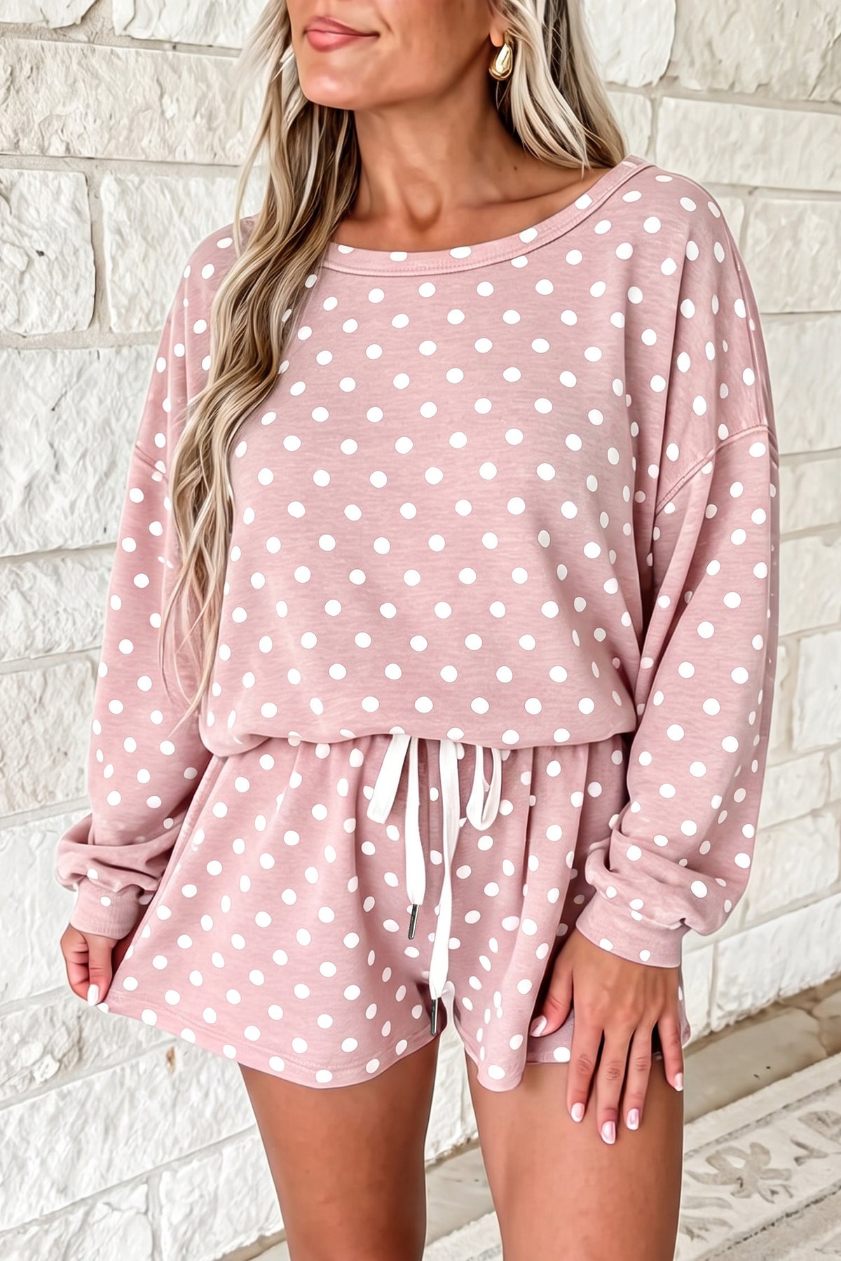 Gray Polka Dot Top and Drawstring Shorts Set