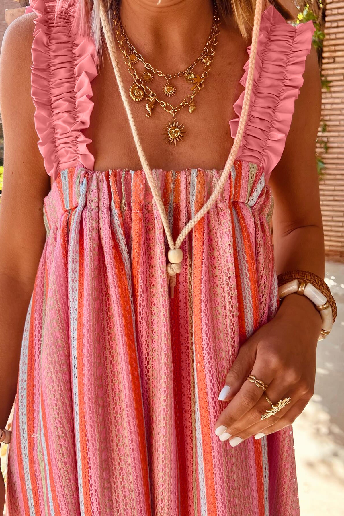 Pink Stripe Ruffle Bow Maxi Dress