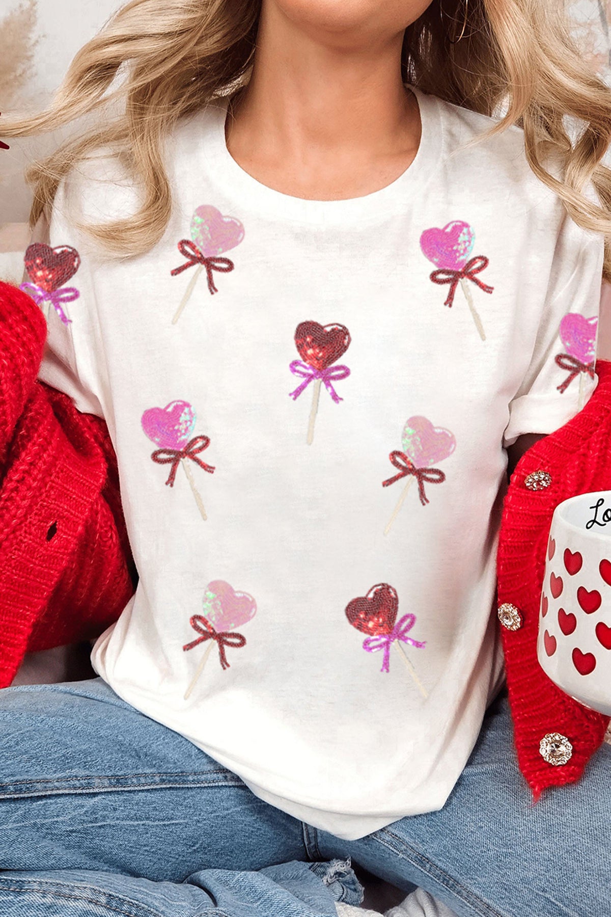 White Sequin Bow Heart Shape Lolly Valentines Day Graphic Tee