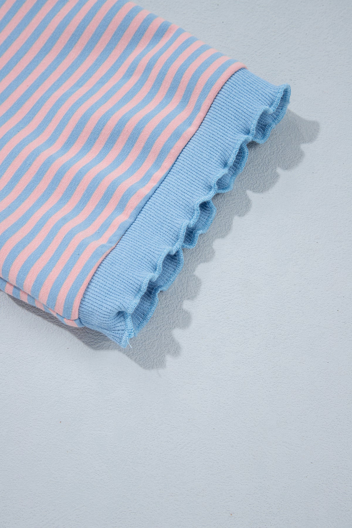 Sky Blue Stripe Colorblock Scalloped Trim 3/4 Sleeve Top
