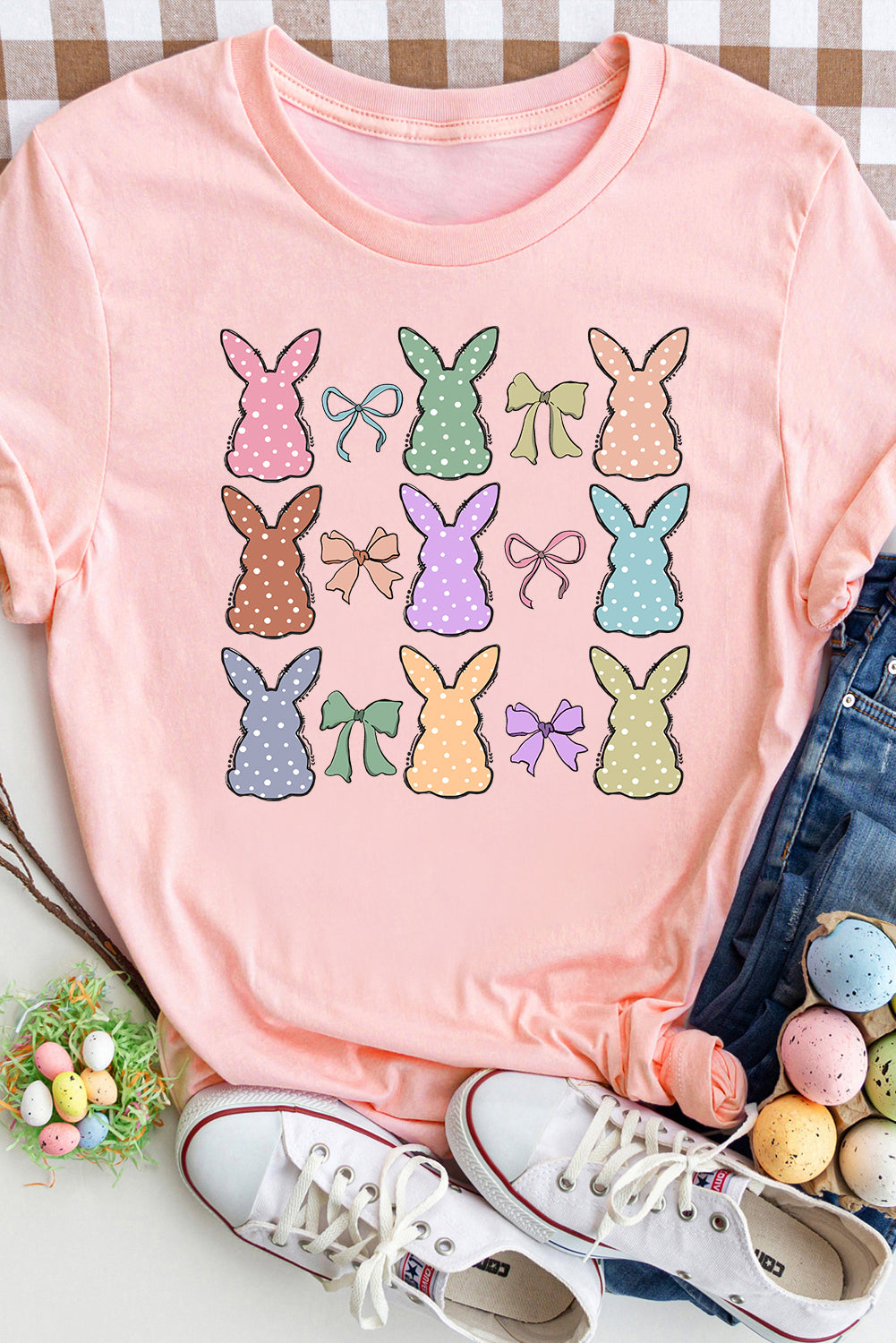 Pink Dotty Bunny Bow Printed Easter Day Fashion T-Shirt