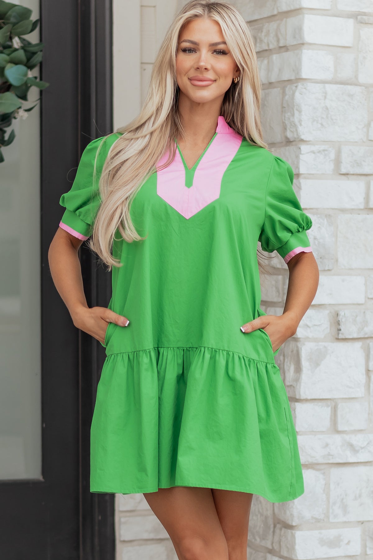 Green Color Block Ruffle Mini Dress