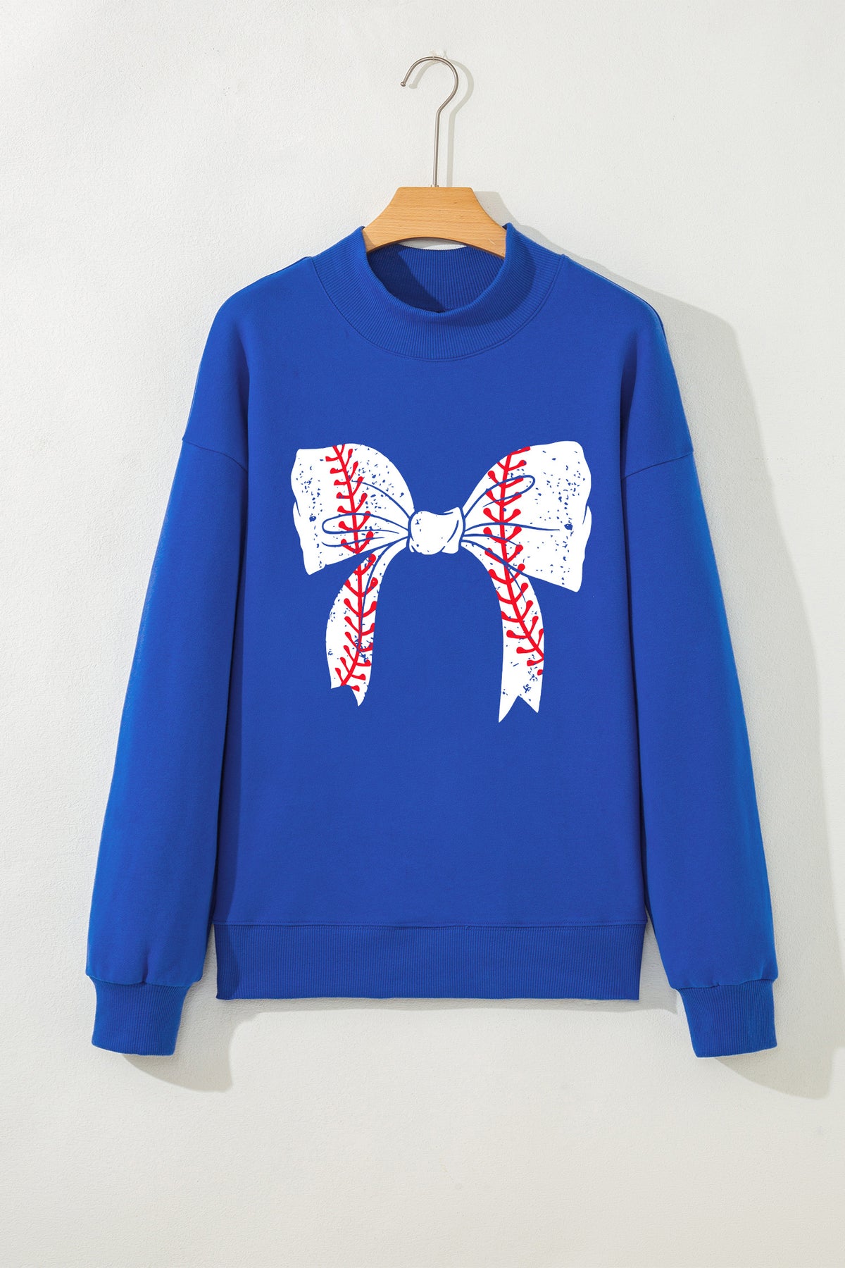 Dark Blue Baseball Large Bow Mock Neck Sweatshirt