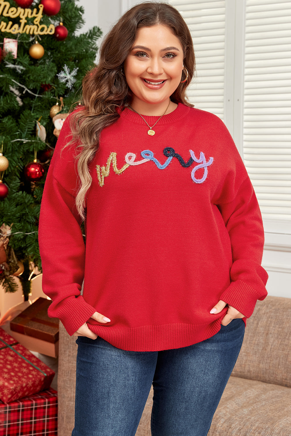 Fiery Red Tinsel merry Pattern Drop-Shoulder Plus Size Sweater