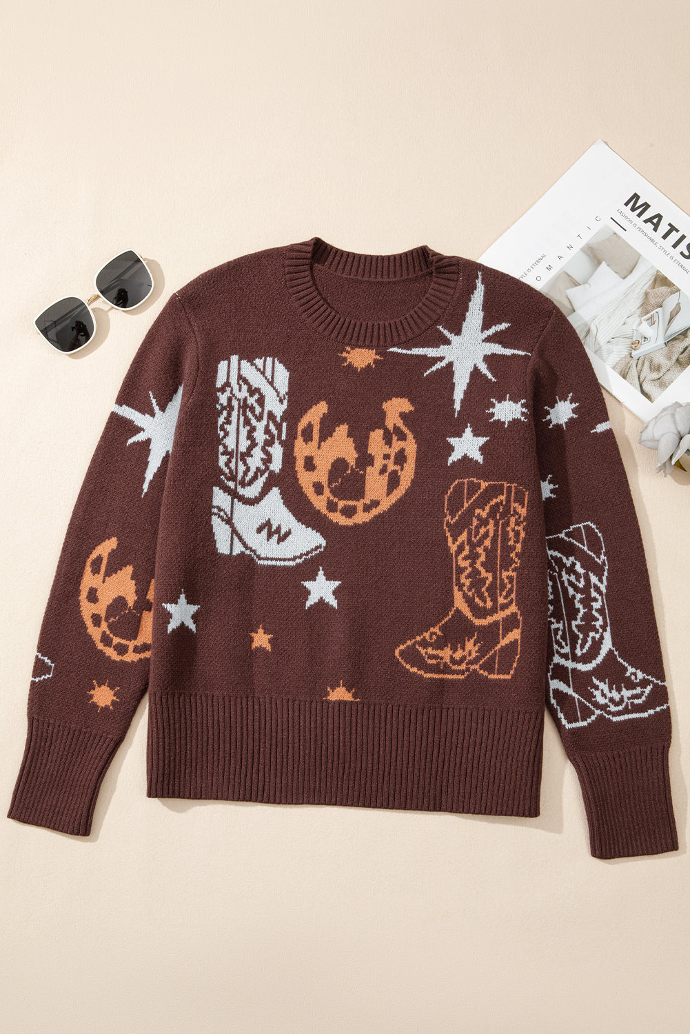 Brown Cowgirl Print Casual Sweater