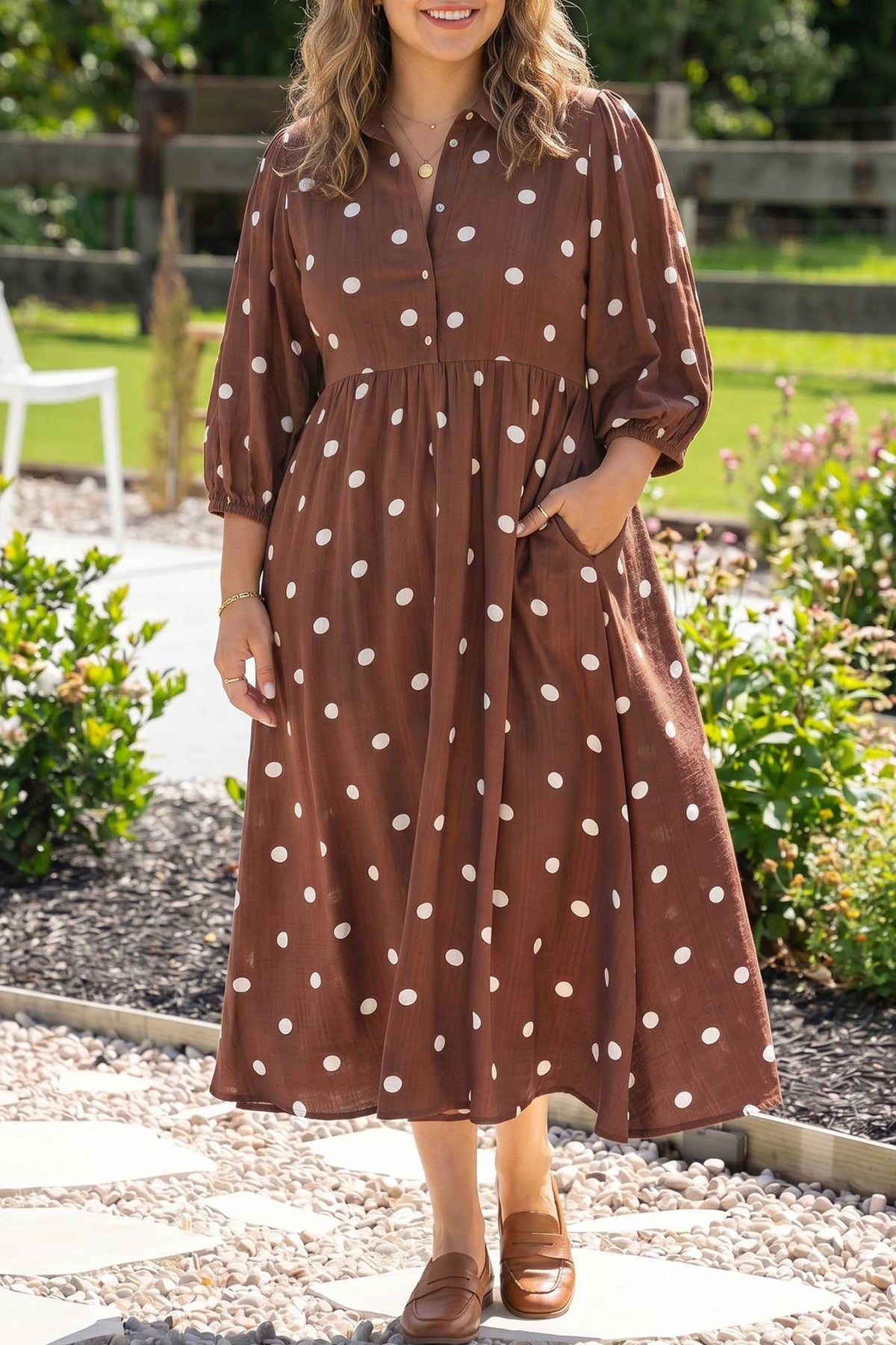 Brown Polka Dot V-Neck Abdomen Pocket Gathered Cuffs Long-Sleeve Shift Plus Size Dress