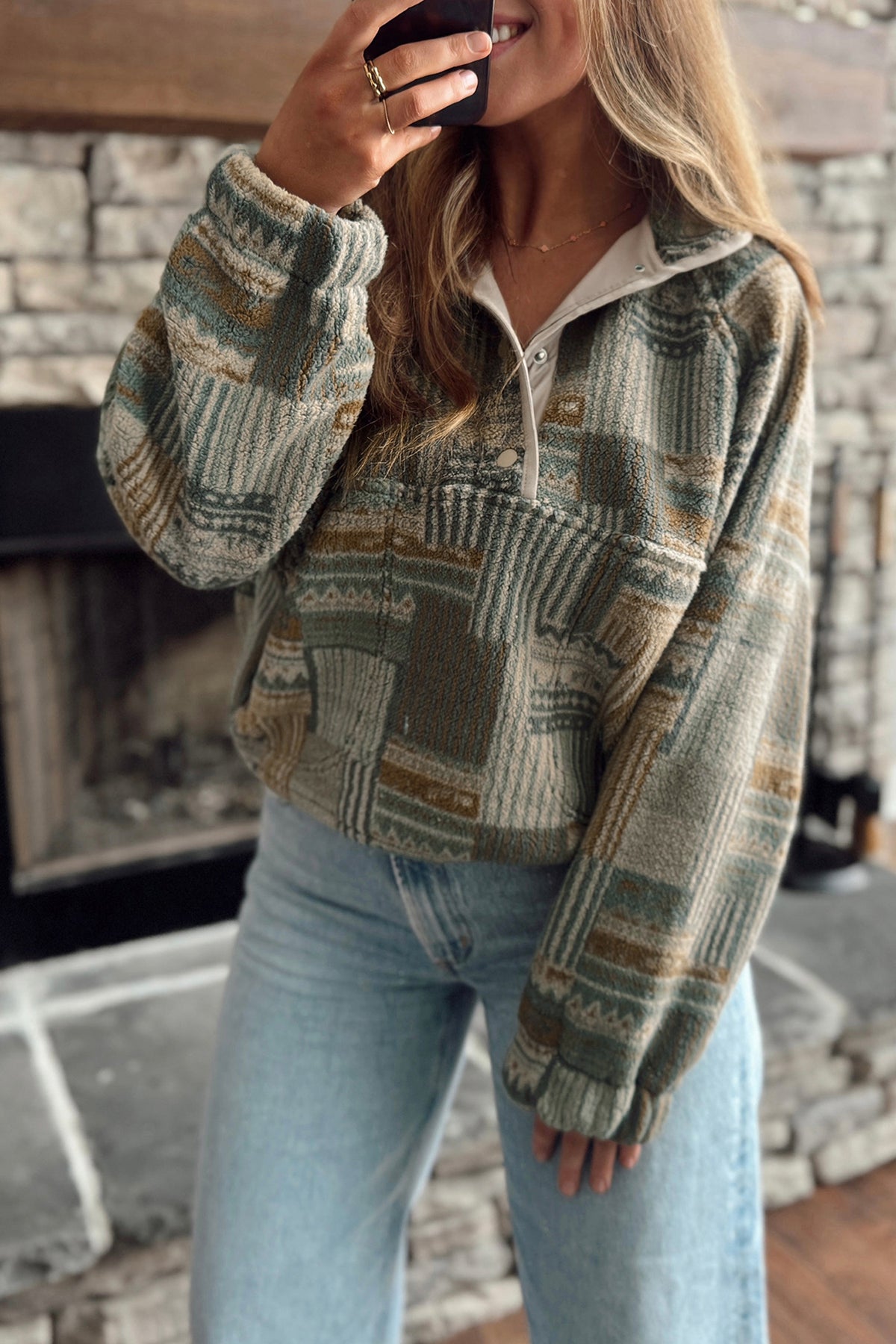 Green Western Print Fleece Pullover Fit Sweatshirt