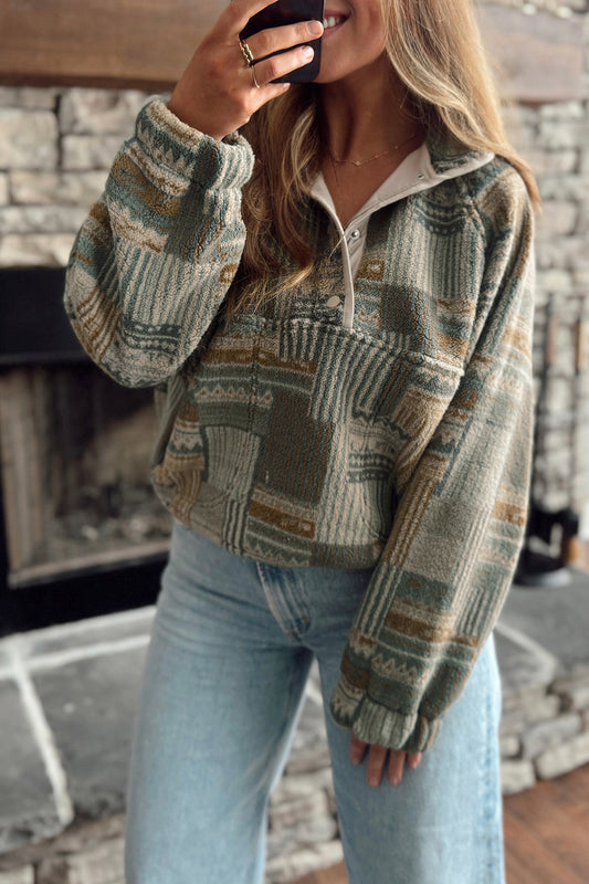 Green Western Print Fleece Pullover Fit Sweatshirt