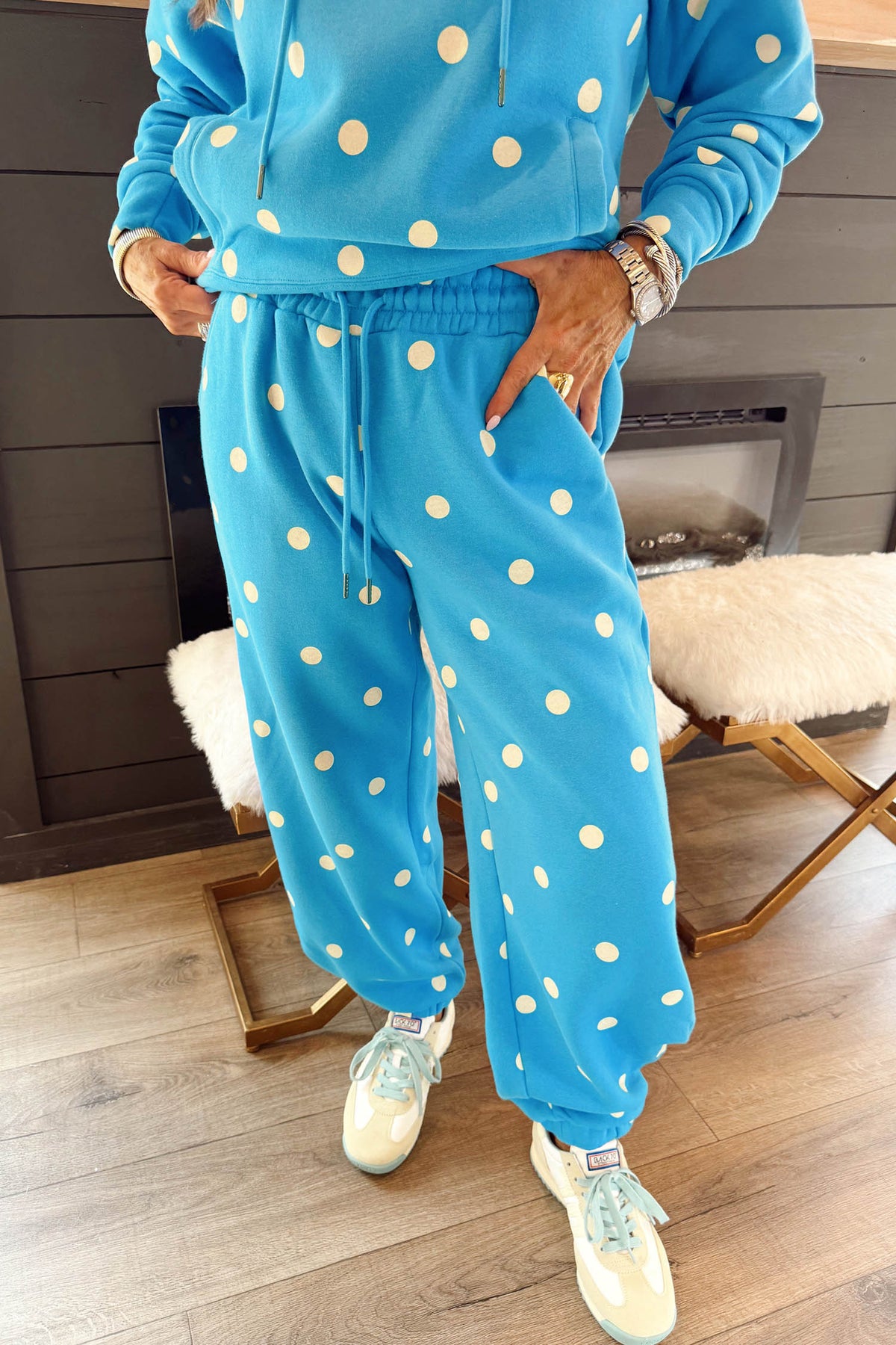 Blue Polka Dot Hooded Drawstring Long-Sleeve Plus Size Set