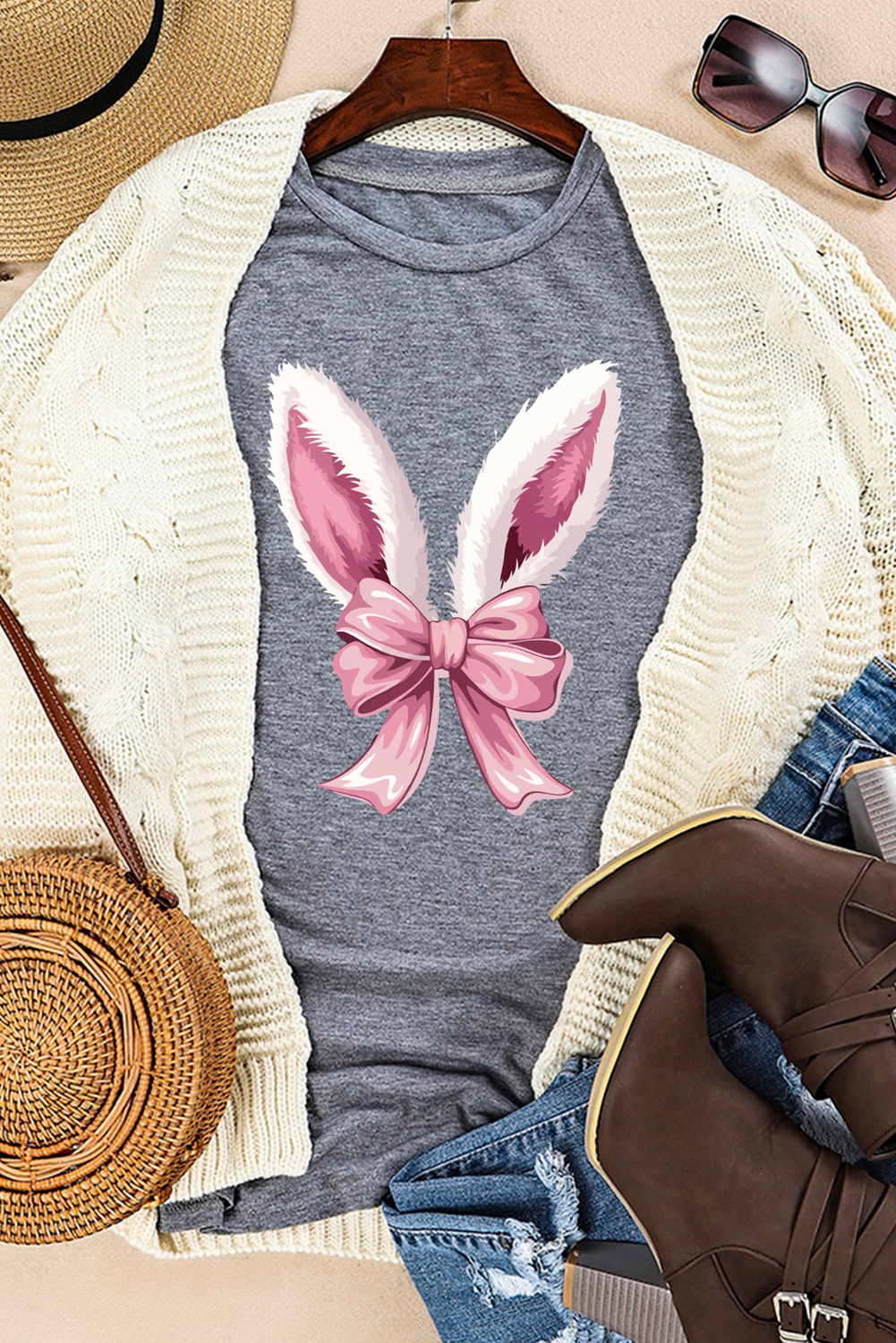 Gray Bunny Ear Bow Printed Easter Fashion T-Shirt