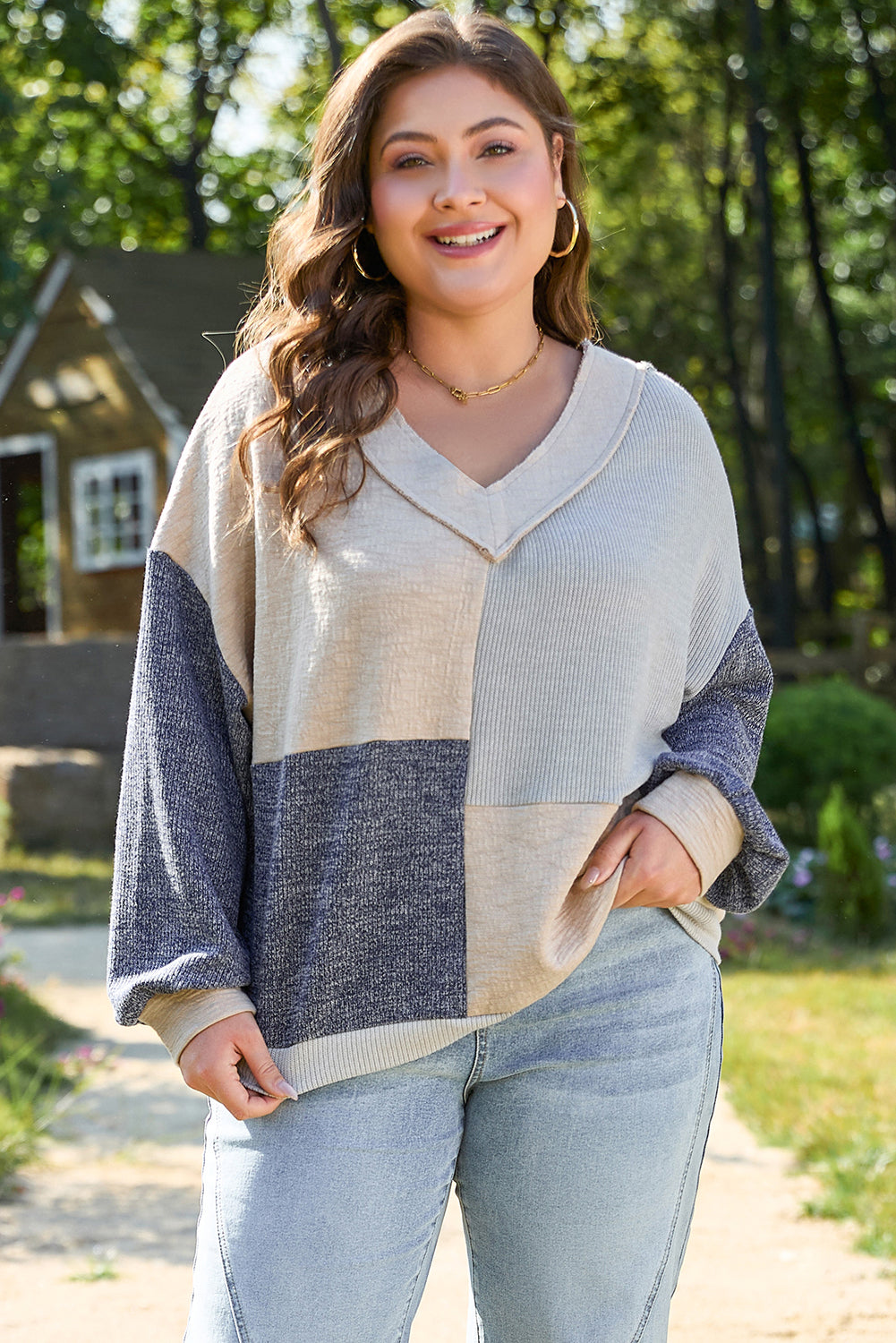 Ashleigh Blue Plus Size Textured Color-Block Patchwork V-Neck Top