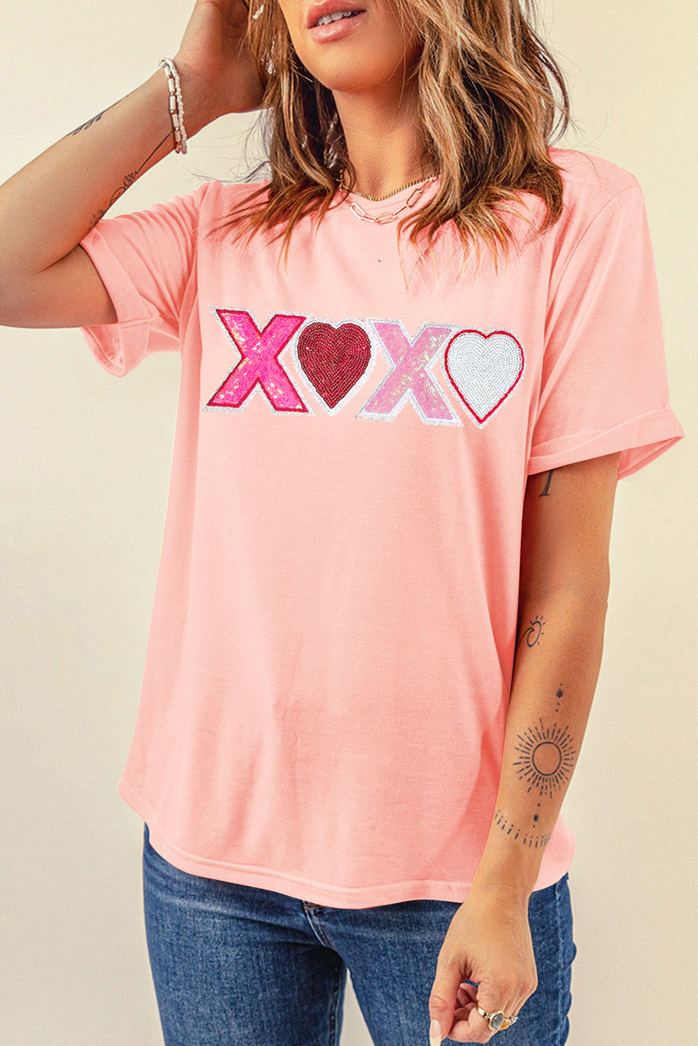 Pink Sequin Heart XOXO Patched Graphic Valentines T-Shirt