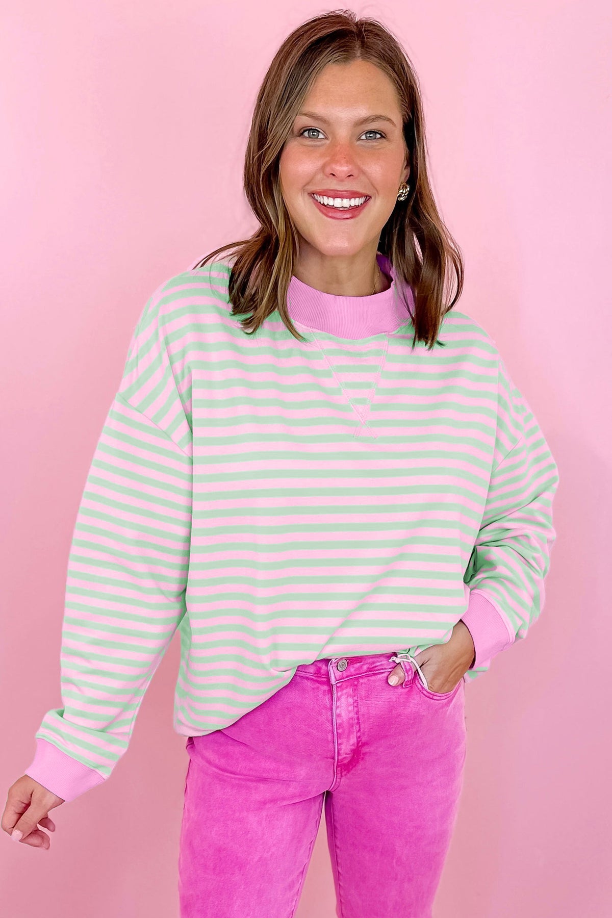 Green Stripe Striped Stand Neck Sweatshirt