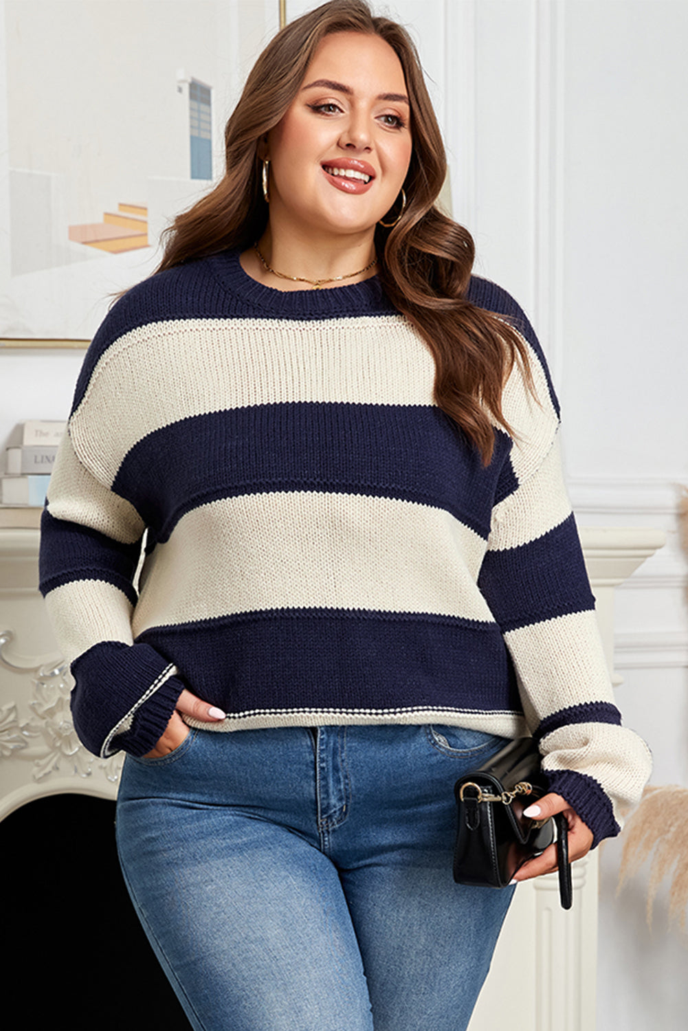 Khaki Stripe Color-Block PLus Size Drop-Shoulder Sweater