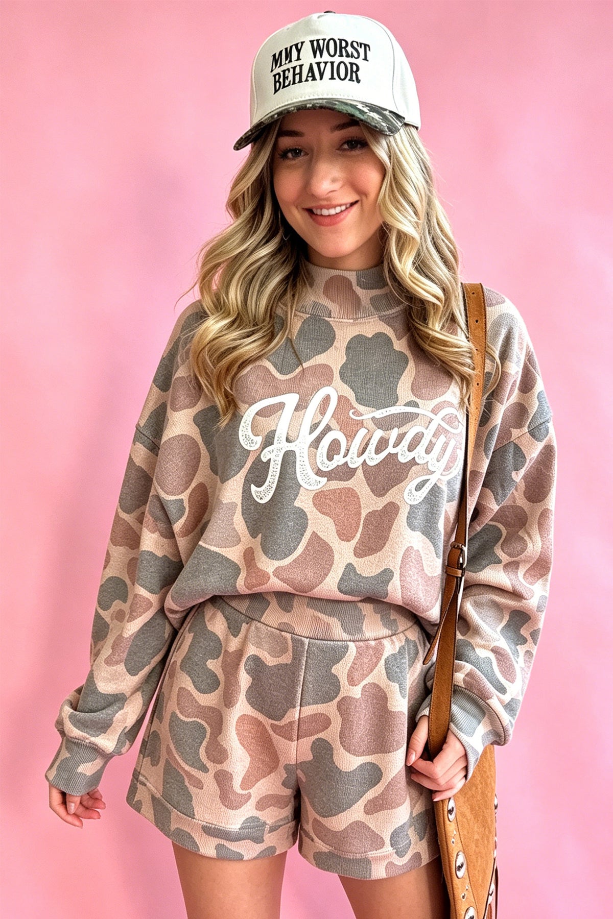 Women's Multicolour Howdy Camouflage High-Neck Long-Sleeve Top and Shorts Set