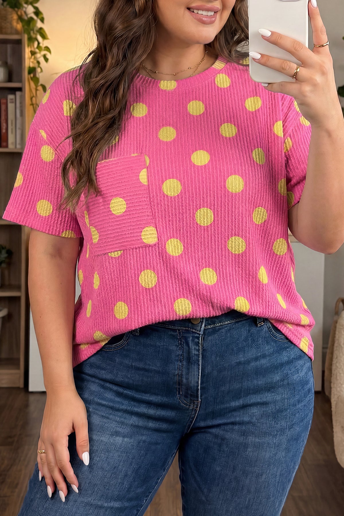 Pink Twisted Rib Polka Dot Print Plus Size T-Shirt