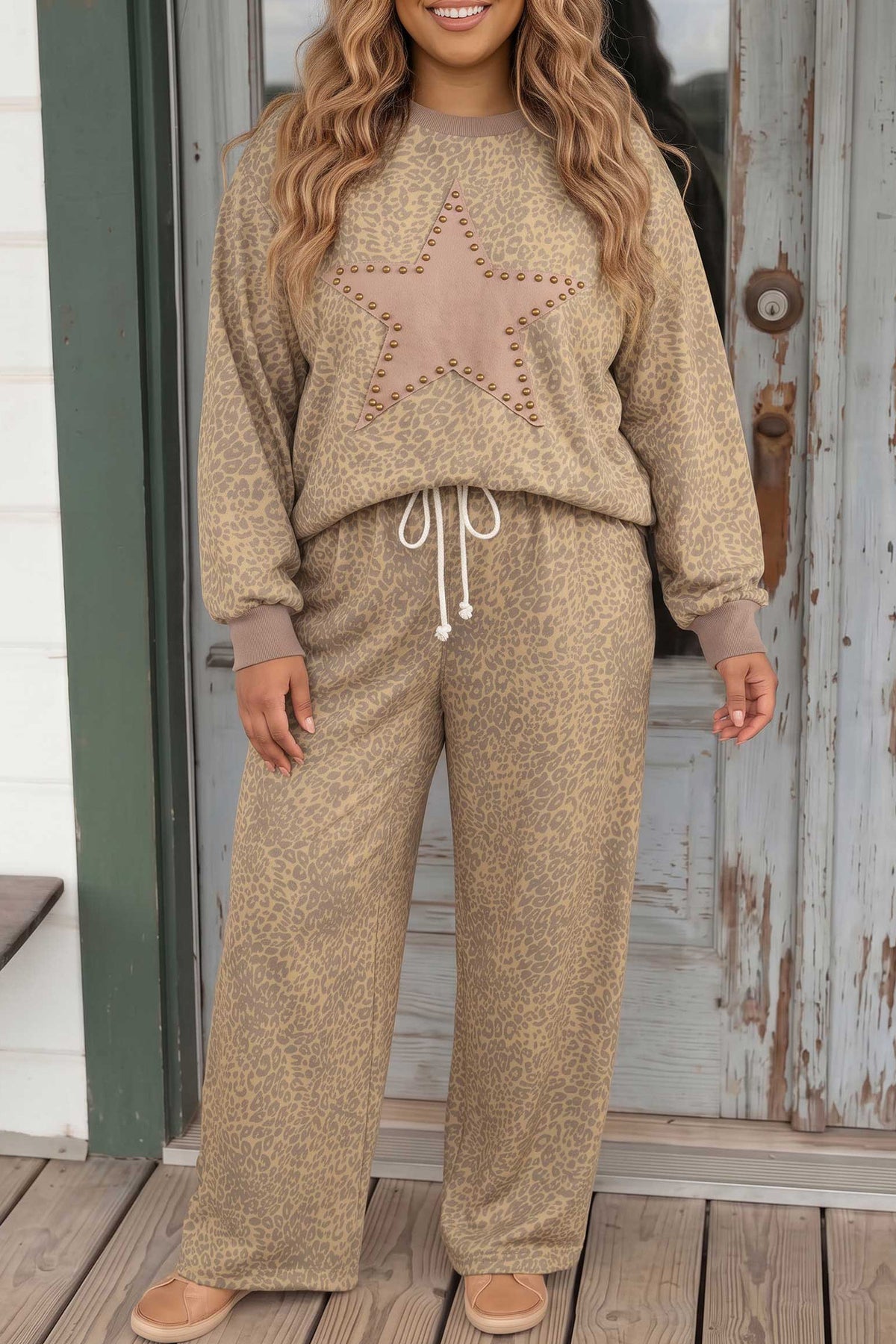 Khaki Leopard Print Star Patch Color-Block Long-Sleeve Top Plus Size Drawstring Pants Set