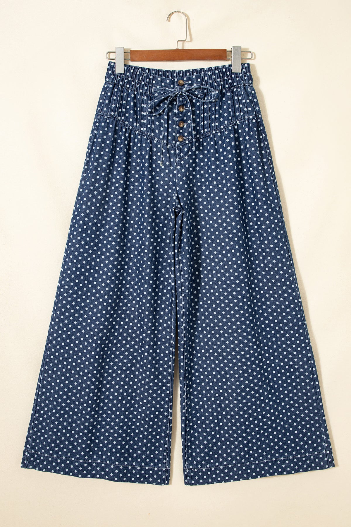 Sky Blue Polka Dot Print Button Pleated Wide Leg Jeans