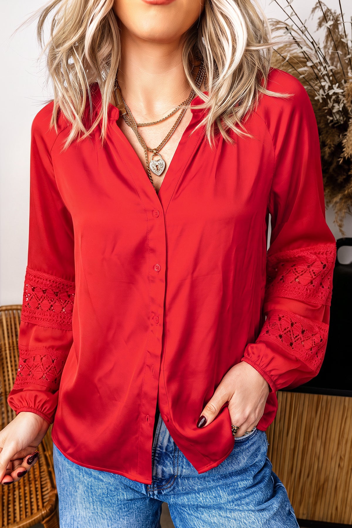 Fiery Red Patchwork Lace V Neck Button Front Shirt