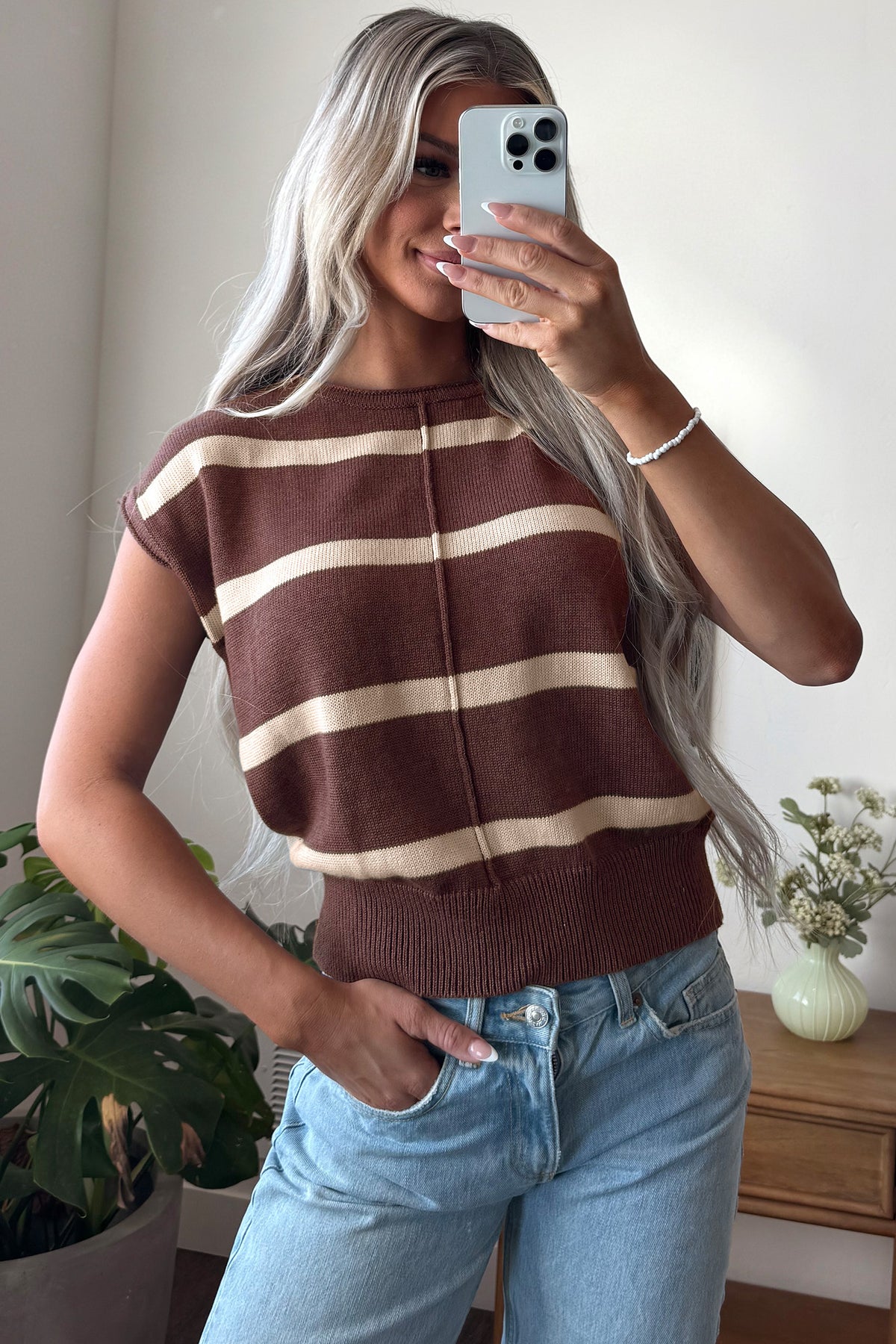 White Stripe Knit Western Short Sleeve Sweater